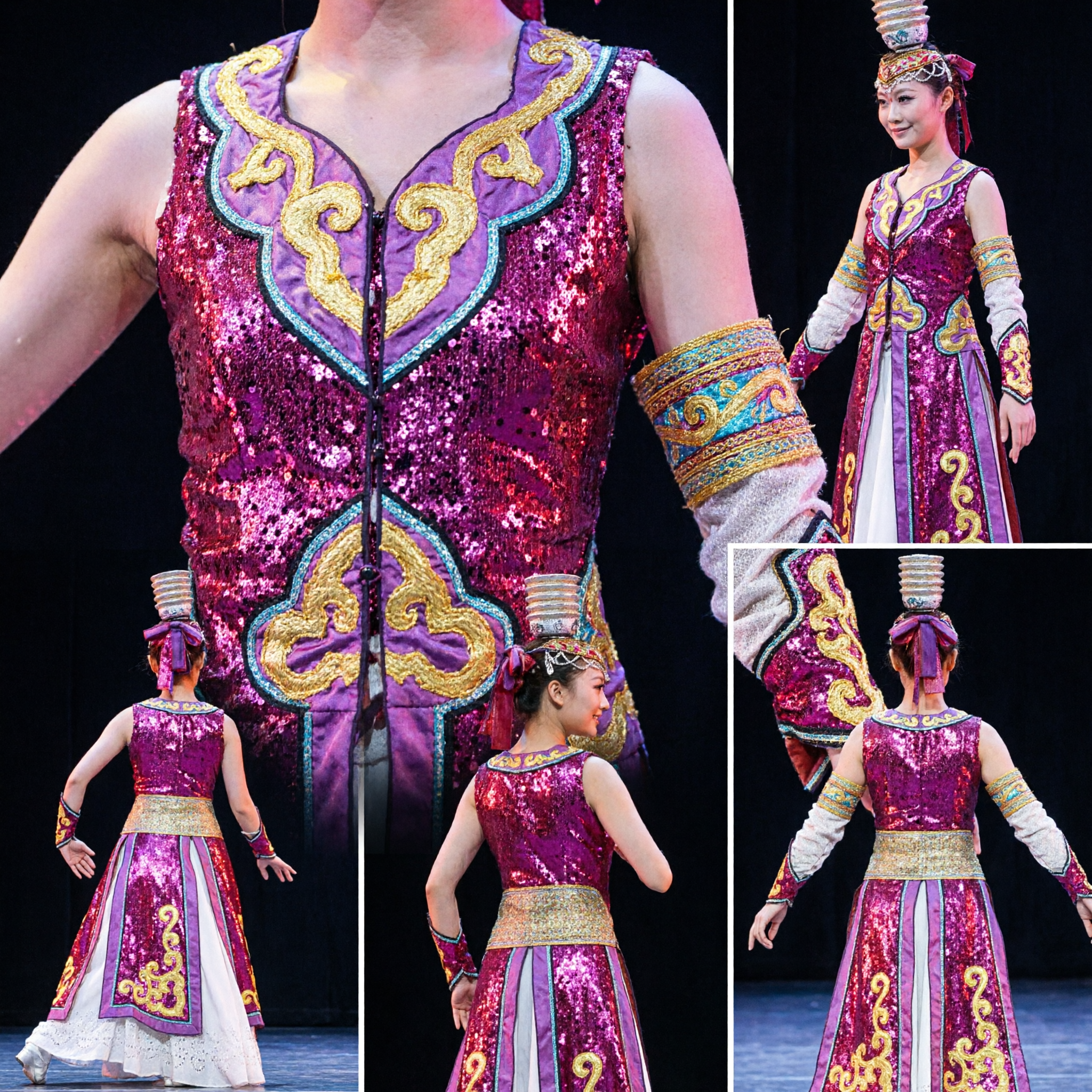 Chinese Traditional Ethnic Dance Costume for Women Pink Sequin Stage Performance Dress with Gold Headpiece - Asian Costume
