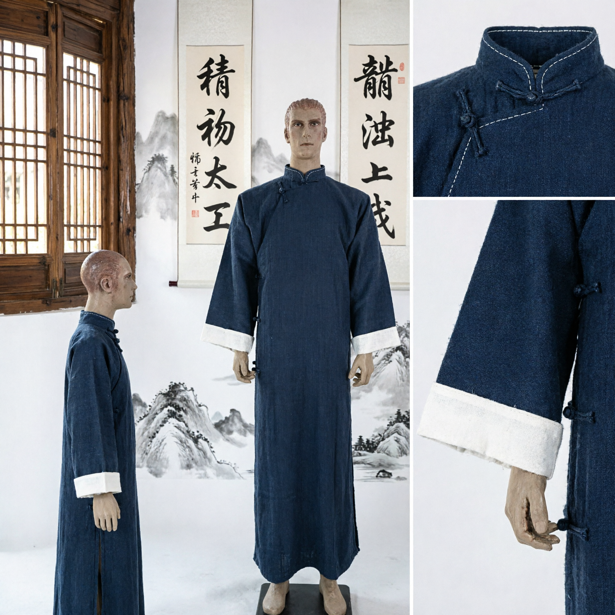 Traditional Chinese Men's Changshan Long Gown Dark Blue Tang Suit Mandarin Collar Costume for Performance - Asian Costume