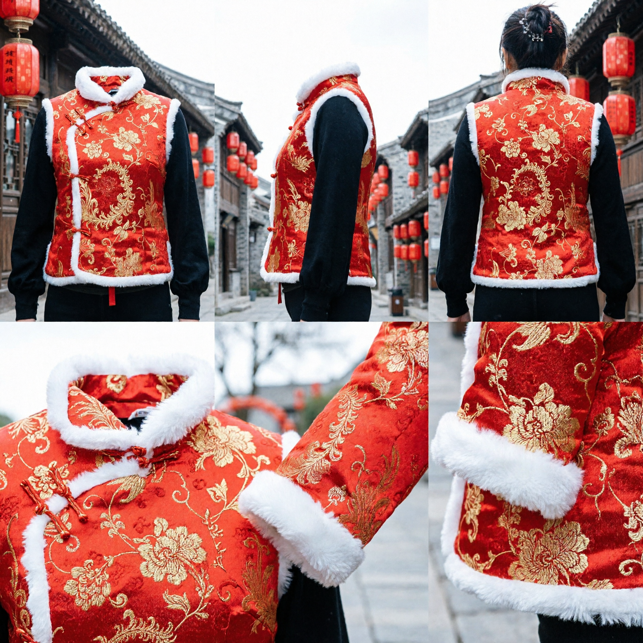 Traditional Chinese Red Tang Suit Vest with White Fur Trim Brocade Waistcoat for Women Winter Spring Festival - Asian Costume