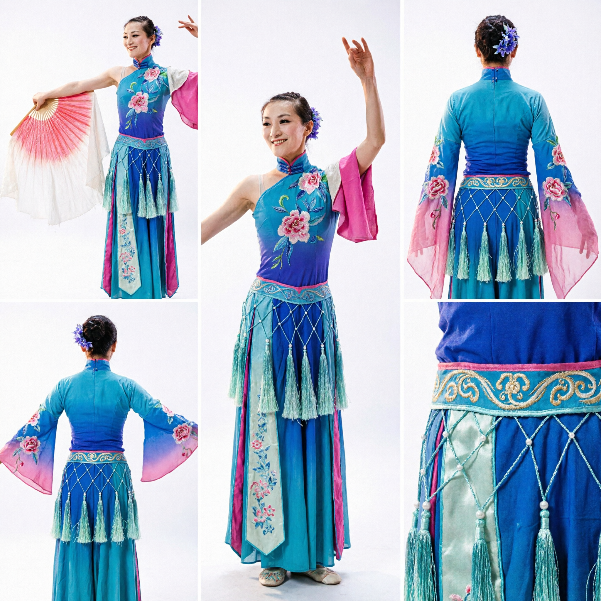 Women's Traditional Chinese Fan Dance Costume Blue Floral Cheongsam Top and Skirt Set for Stage Performance - Asian Costume