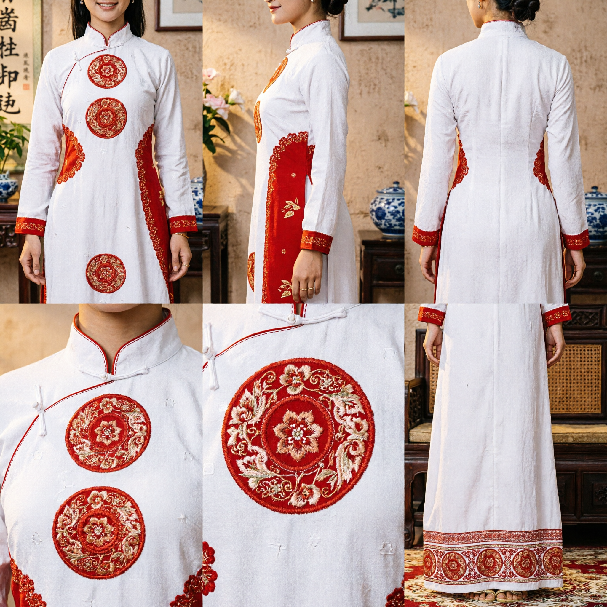 Traditional Vietnamese Ao Dai Wedding Dress Red and White Embroidered Long Sleeve Gown for Women - Asian Costume