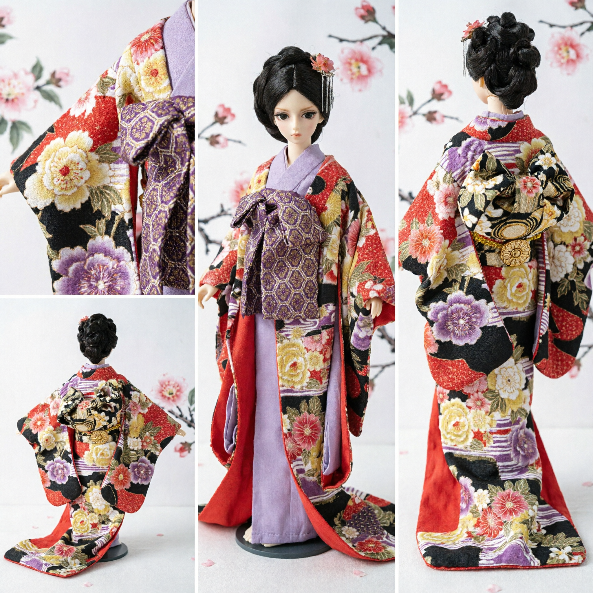 Exquisite Japanese Kimono Costume Set for Dolls Traditional Geisha Style Floral Dress with Hair Accessories - Asian Costume