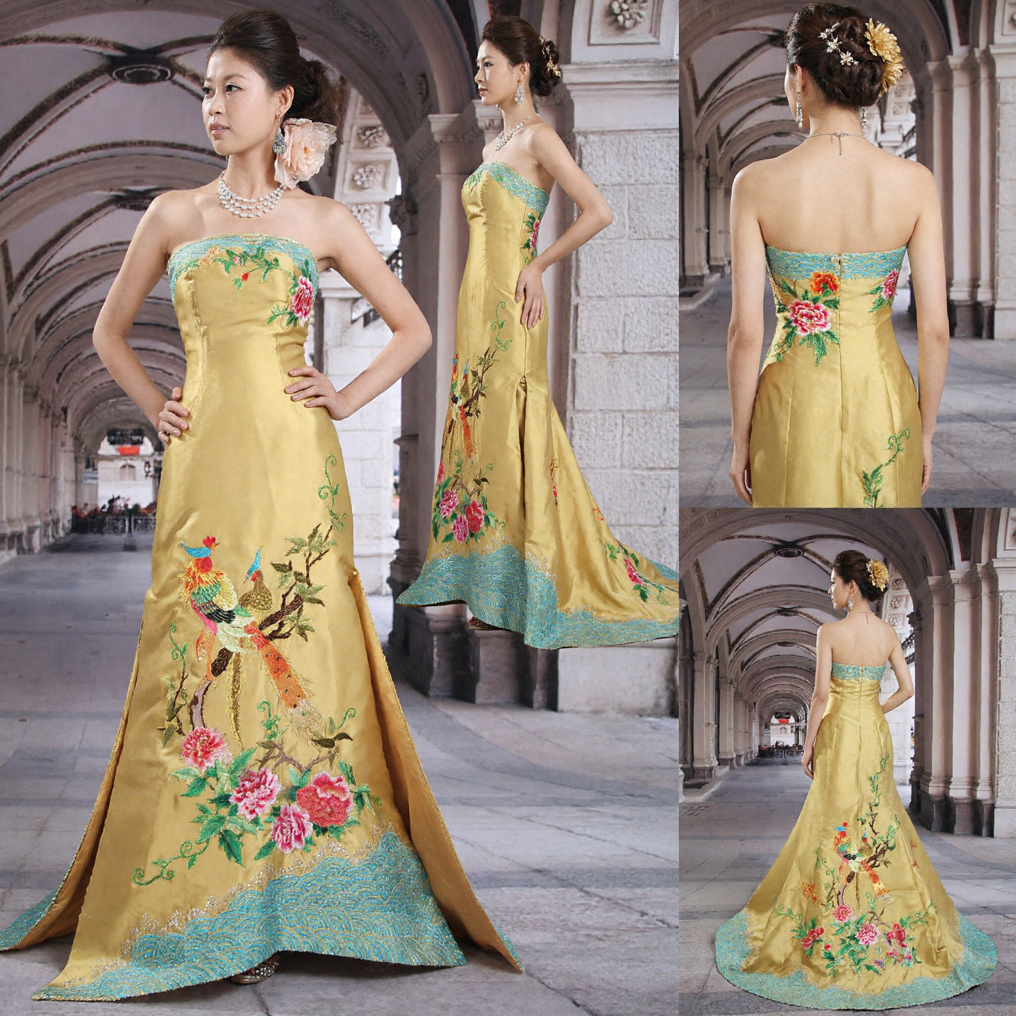 Elegant Yellow Strapless Chinese Cheongsam Evening Gown with Phoenix and Peony Embroidery for Wedding Banquet - Asian Costume
