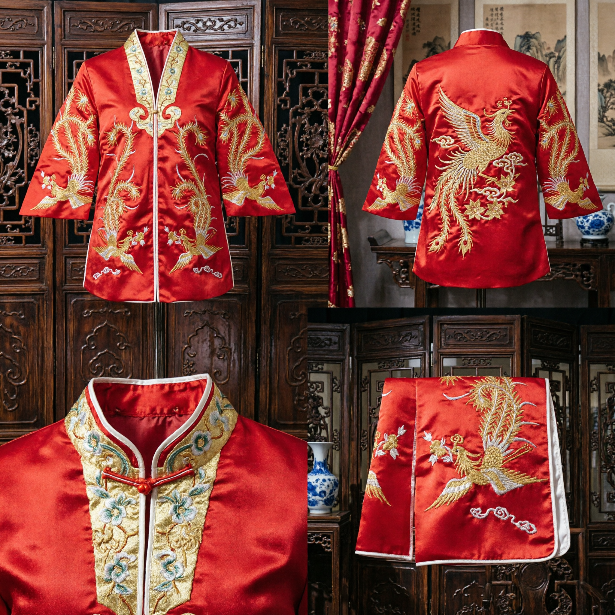 Traditional Chinese Red Wedding Jacket with Gold Phoenix Embroidery Bridal Top for Women - Asian Costume