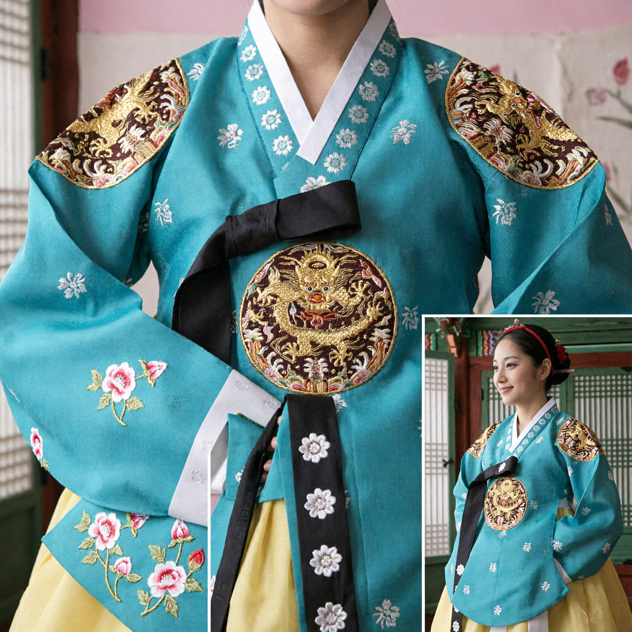 Elegant Teal Korean Hanbok Traditional Dress with Gold Dragon Embroidery Royal Bridal Wedding Costume for Women - Asian Costume