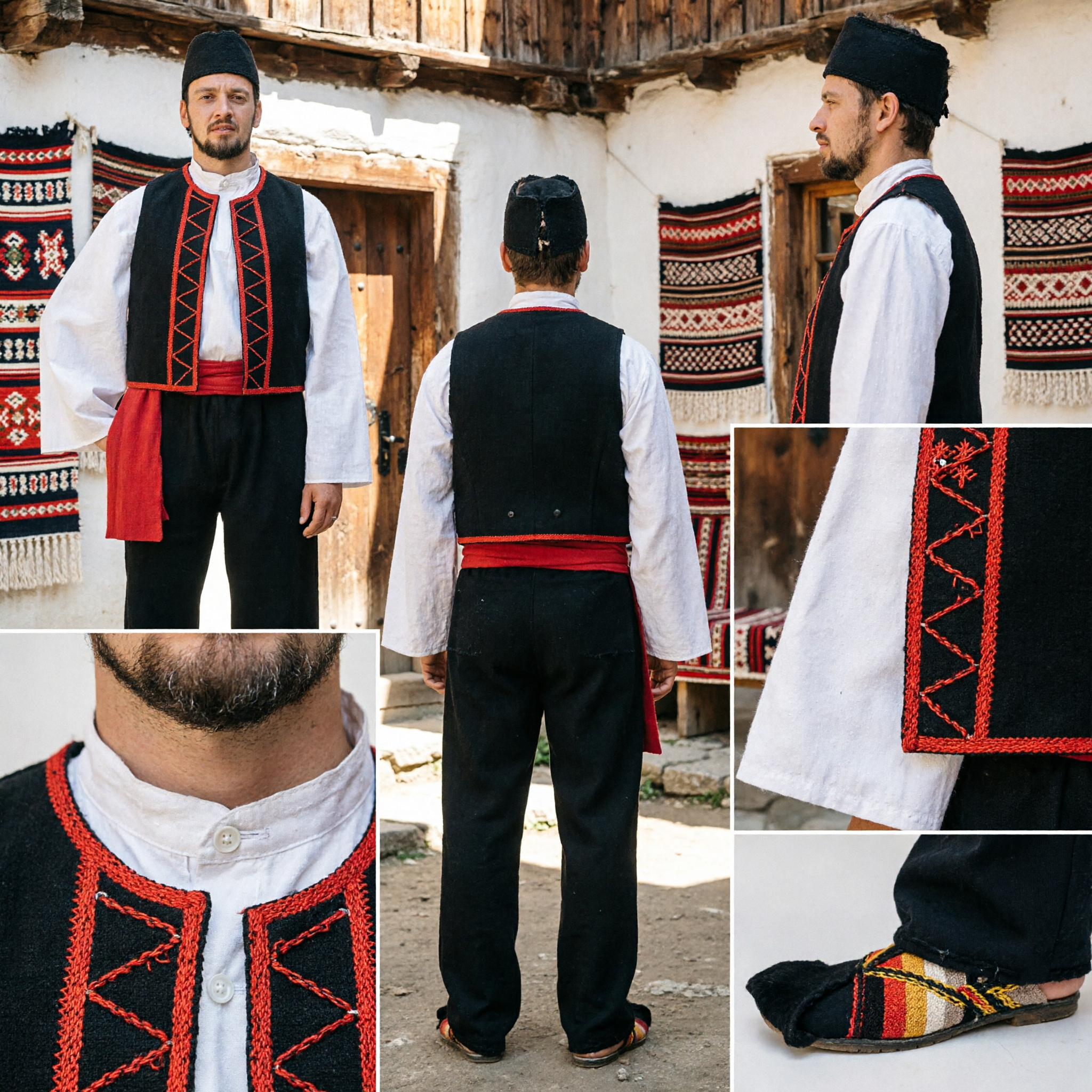 Men's Traditional Balkan Folk Dance Costume Set with Embroidered Black Vest, Red Sash, and Trousers - Asian Costume