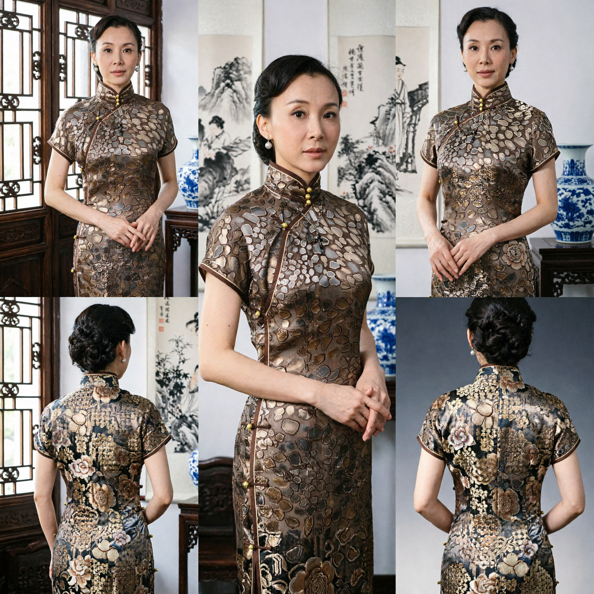 Elegant Brown Patterned Chinese Qipao Cheongsam Dress Traditional Mandarin Collar Formal Occasion Wear - Asian Costume