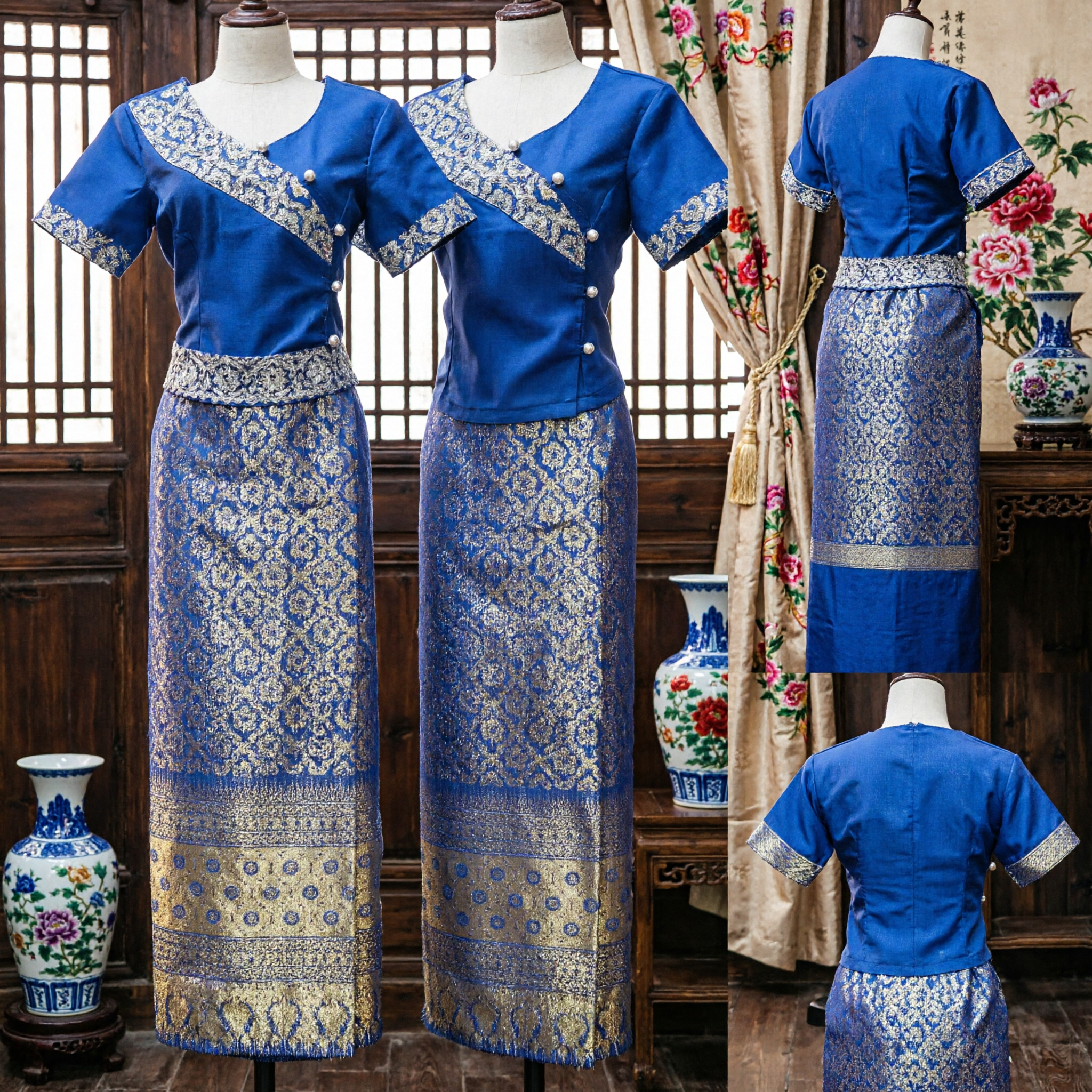 Elegant Royal Blue Thai Traditional Dress Set with Embroidered Sabai Top and Brocade Sinh Skirt for Women - Asian Costume