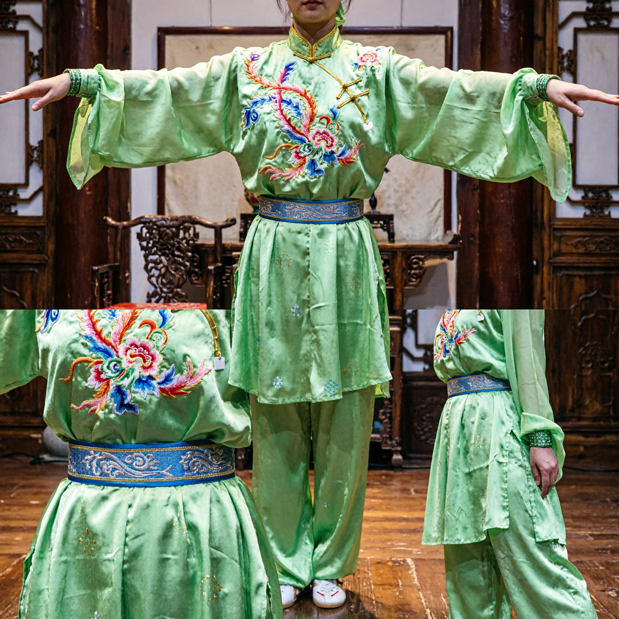 Women's Green Embroidered Kung Fu Uniform Wushu Changquan Tai Chi Martial Arts Competition Suit - Asian Costume