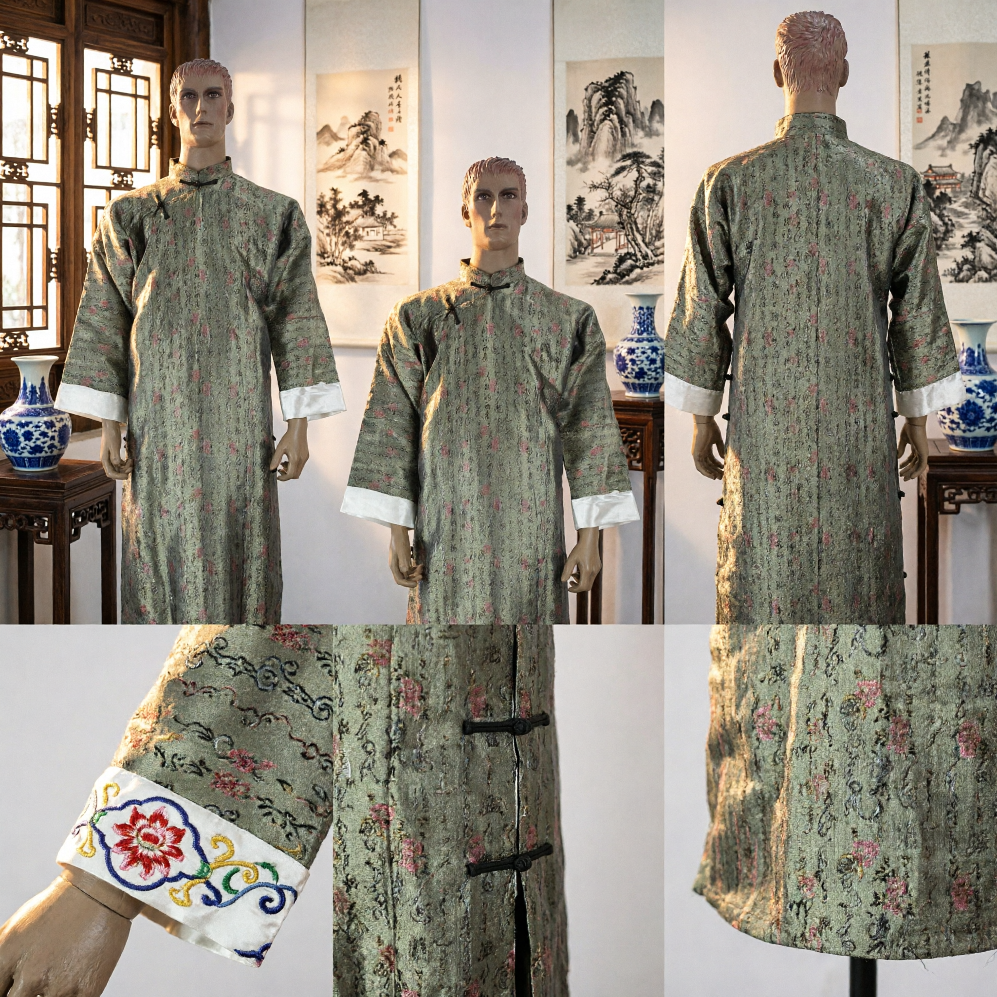 Men's Traditional Chinese Changshan Robe Green Calligraphy Pattern Long Tang Suit for Weddings and Performance - Asian Costume