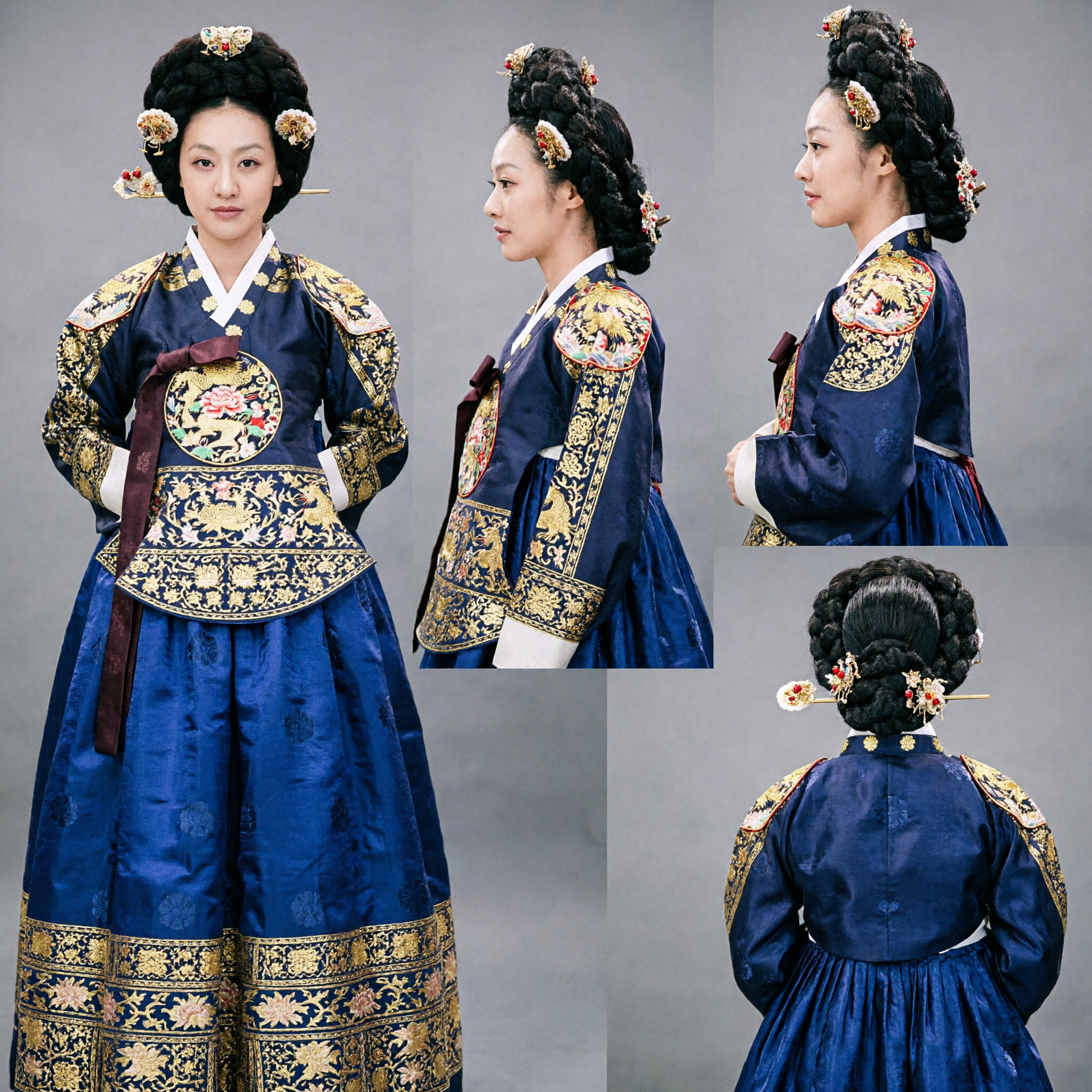 Traditional Korean Gache Wig Set with Gold Floral Hairpins for Hanbok Costume Drama Performance - Asian Costume