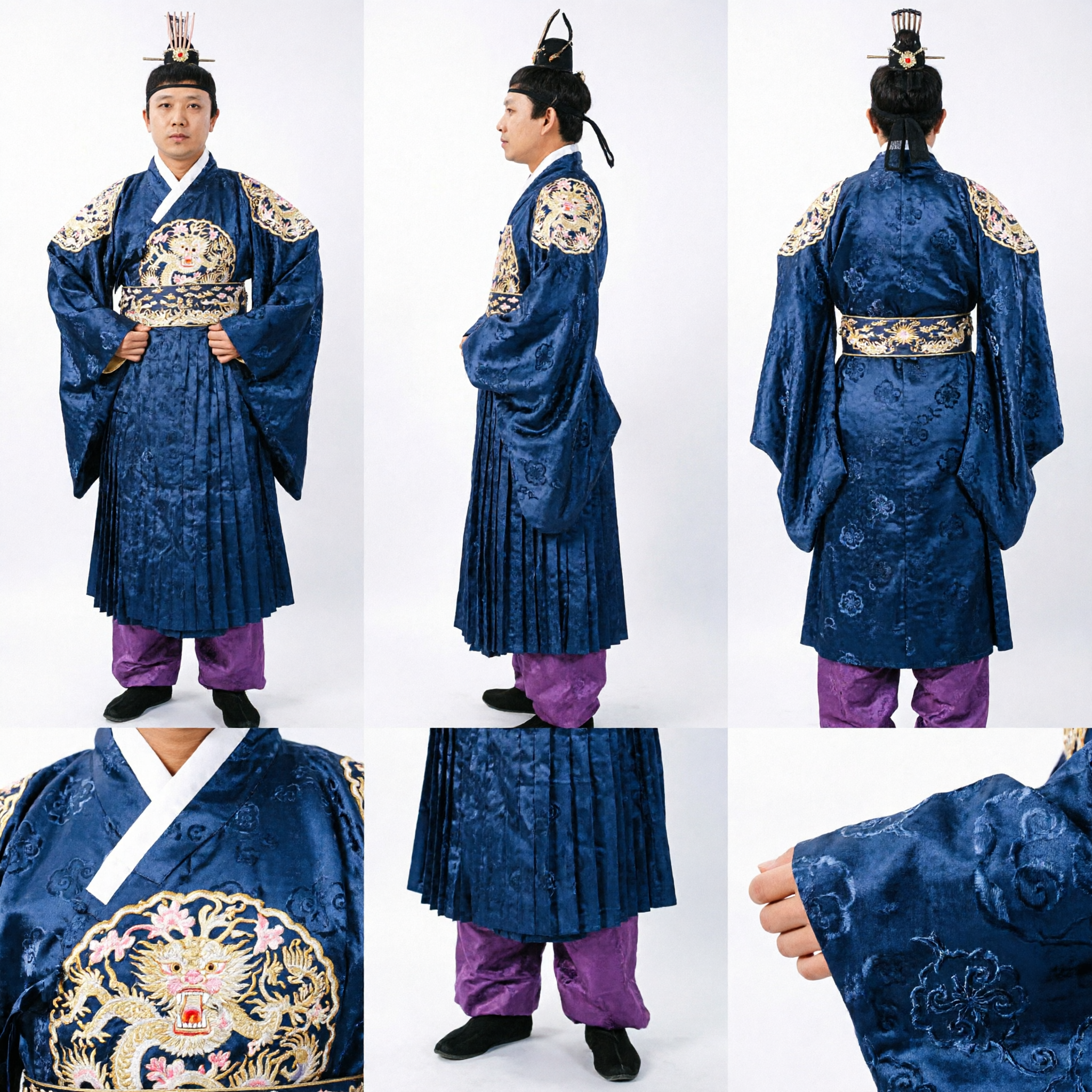Men's Royal Dark Blue Korean Hanbok Traditional Wedding Groom Costume with Embroidered Jacket and Purple Pants - Asian Costume
