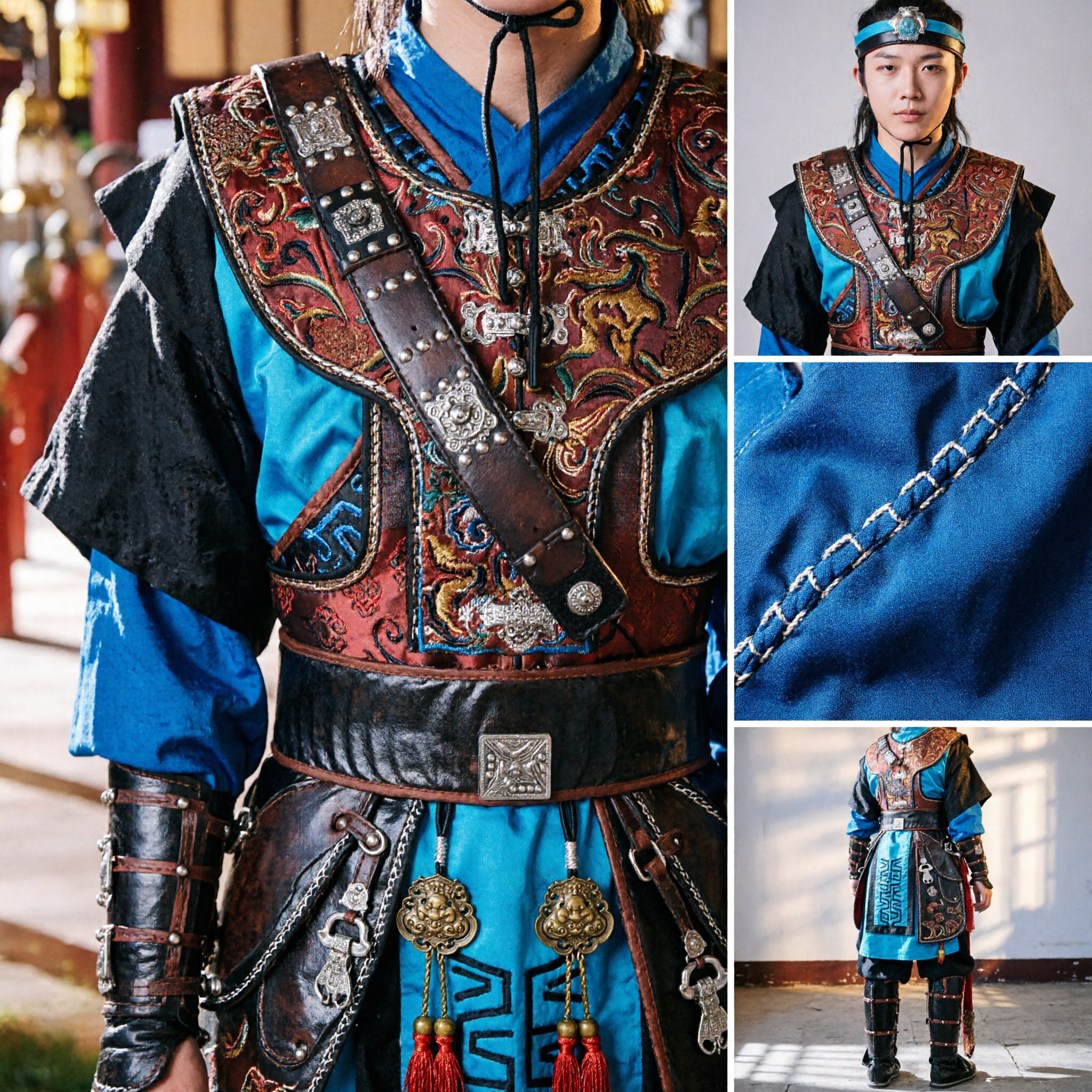 Men's Korean Traditional Royal Guard Warrior Costume Blue Historical Hanbok for Cosplay and Stage Performance - Asian Costume