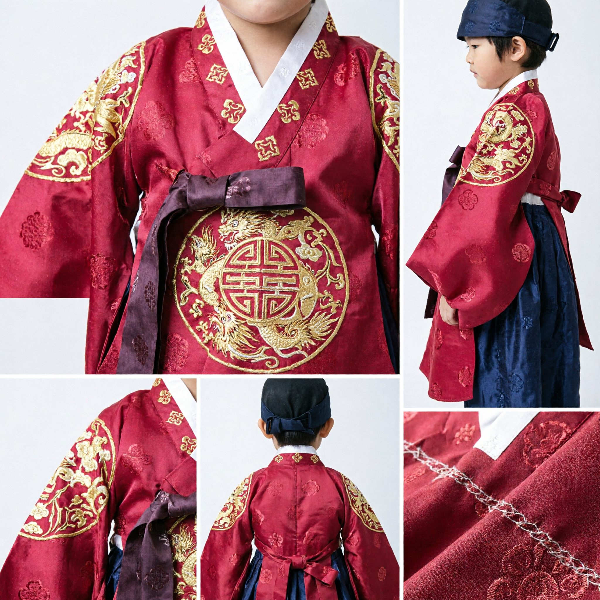 Traditional Korean Boy Hanbok Red Wedding Flower Boy Costume Gold Embroidery Ceremonial Outfit for Kids - Asian Costume