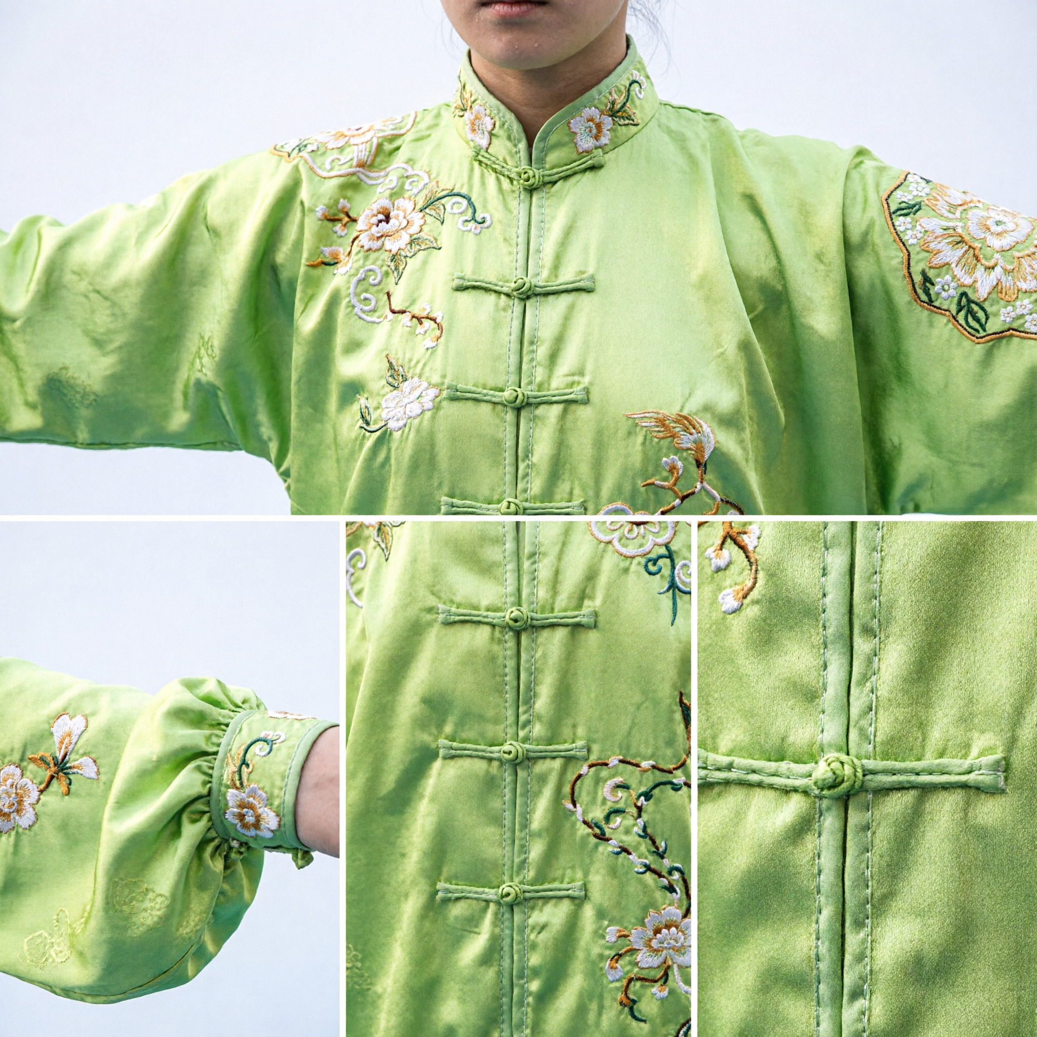 Professional Women's Lime Green Tai Chi Uniform Embroidered Silk Wushu Kung Fu Suit for Competition - Asian Costume