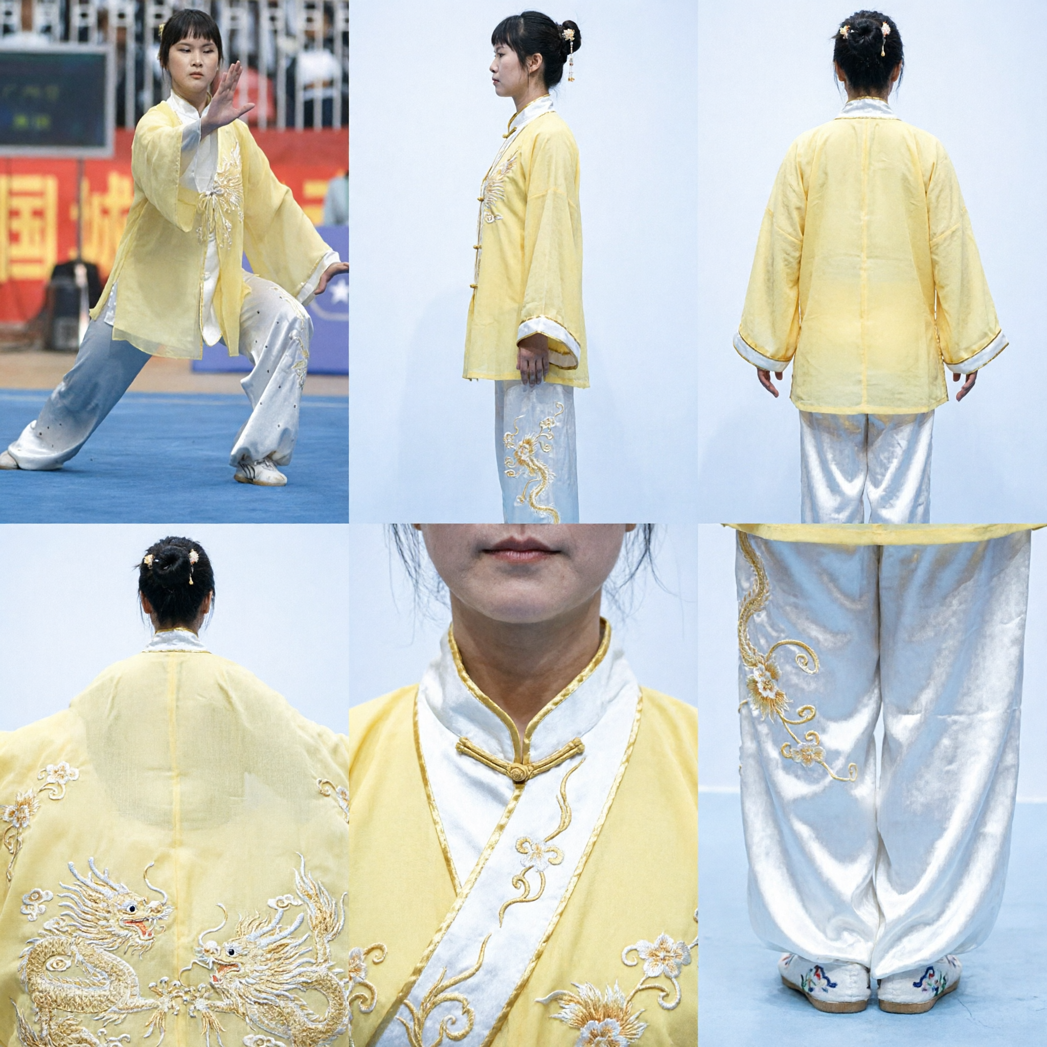 Women's Yellow Silk Tai Chi Uniform Traditional Wushu Kung Fu Martial Arts Suit for Competition - Asian Costume
