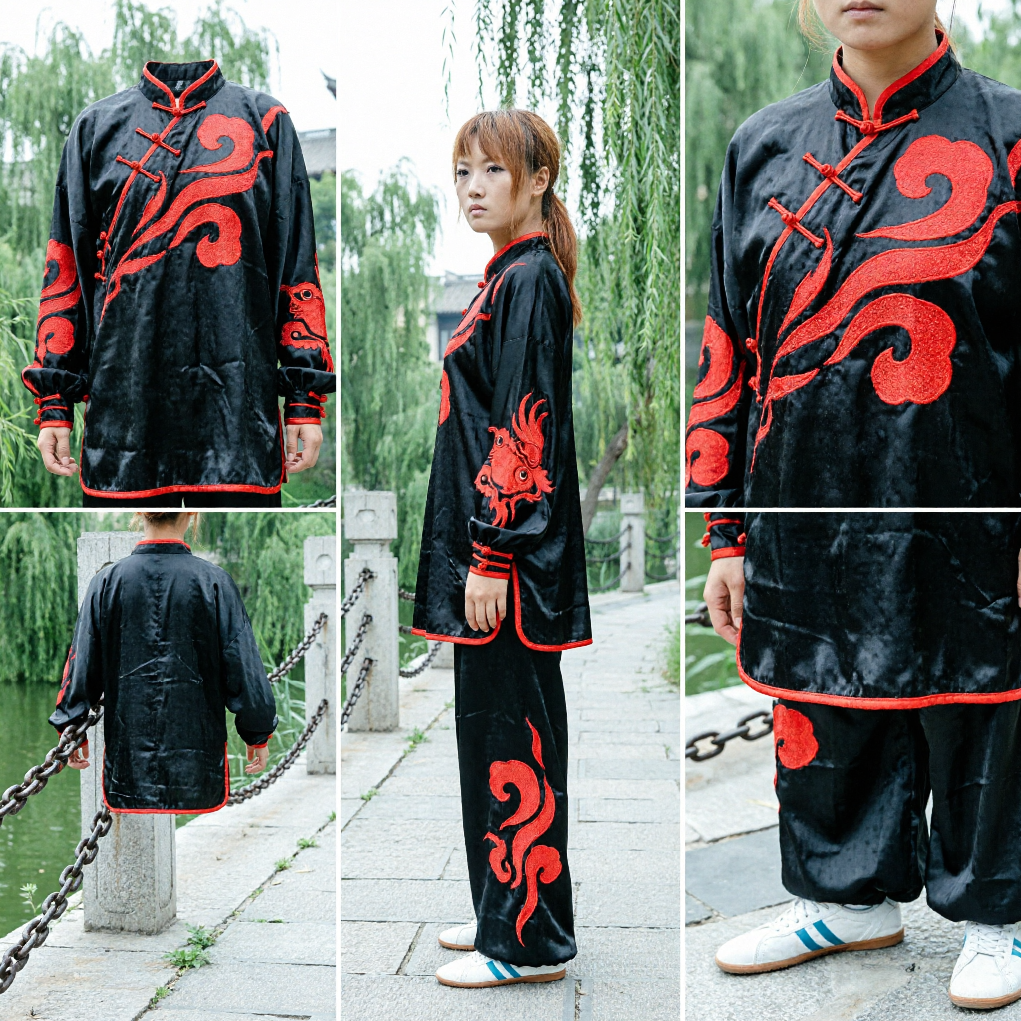 Women's Black and Red Flame Kung Fu Uniform Traditional Tai Chi Martial Arts Wushu Clothing Set - Asian Costume