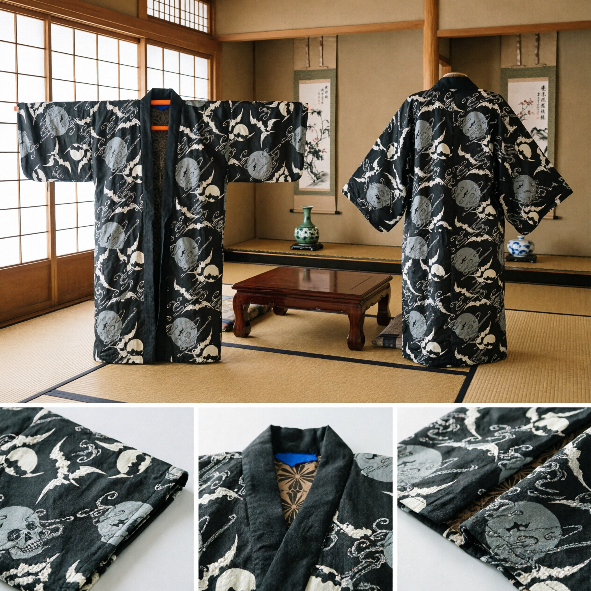 Traditional Japanese Haori Jacket Men Black Skull Print Kimono Coat for Cosplay and Festivals - Asian Costume