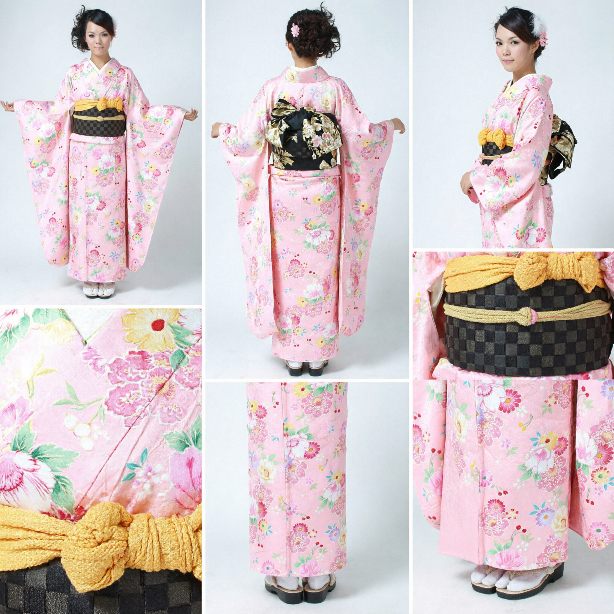 Women's Pink Floral Japanese Kimono Traditional Costume with Obi Sash for Festivals Weddings and Cosplay - Asian Costume