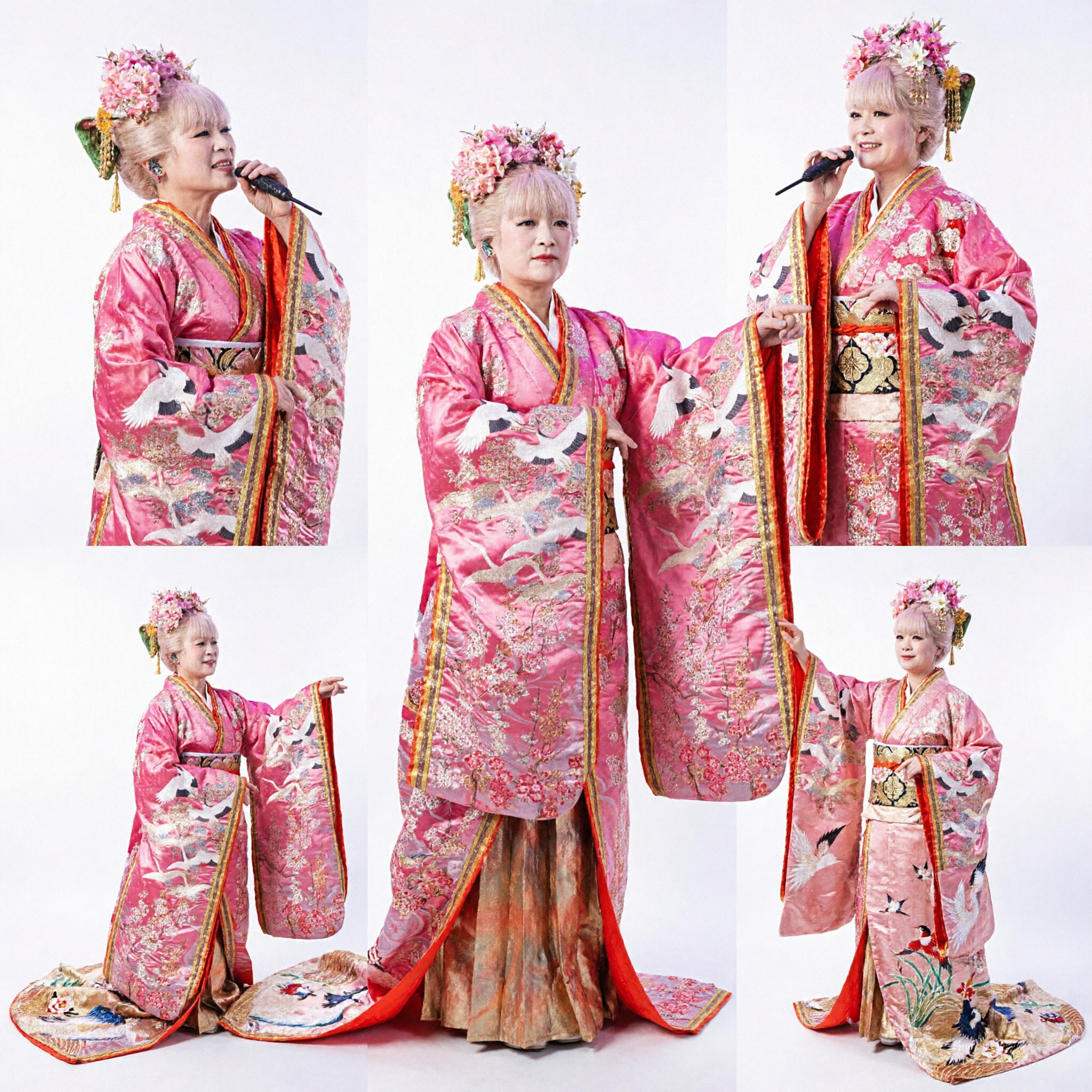 Pink Japanese Kimono with Crane and Floral Embroidery Traditional Stage Performance Costume for Women - Asian Costume