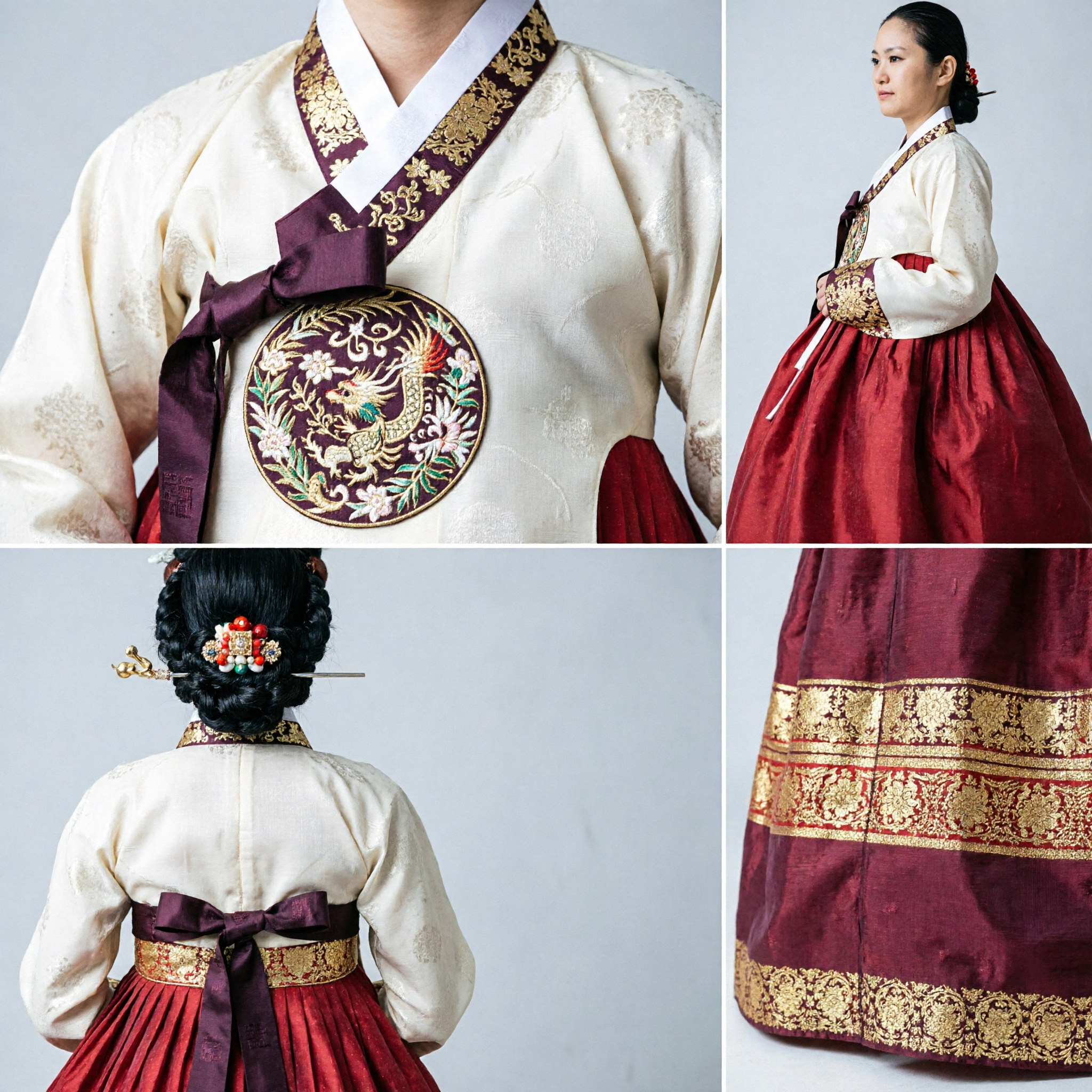 Women's Traditional Korean Hanbok Red Palace Costume Set with White Jeogori and Gold Brocade for Stage Performance - Asian Costume