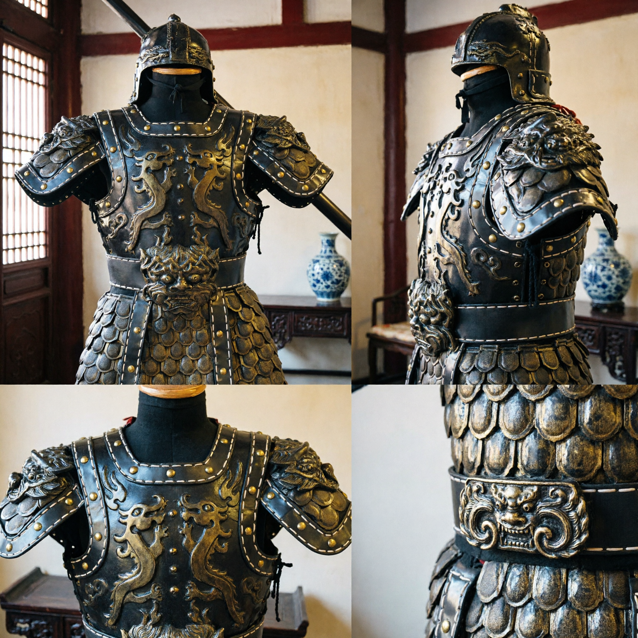 Ancient Chinese General Black Dragon Scale Mail Armor Suit Traditional Warrior Costume for Men Cosplay - Asian Costume