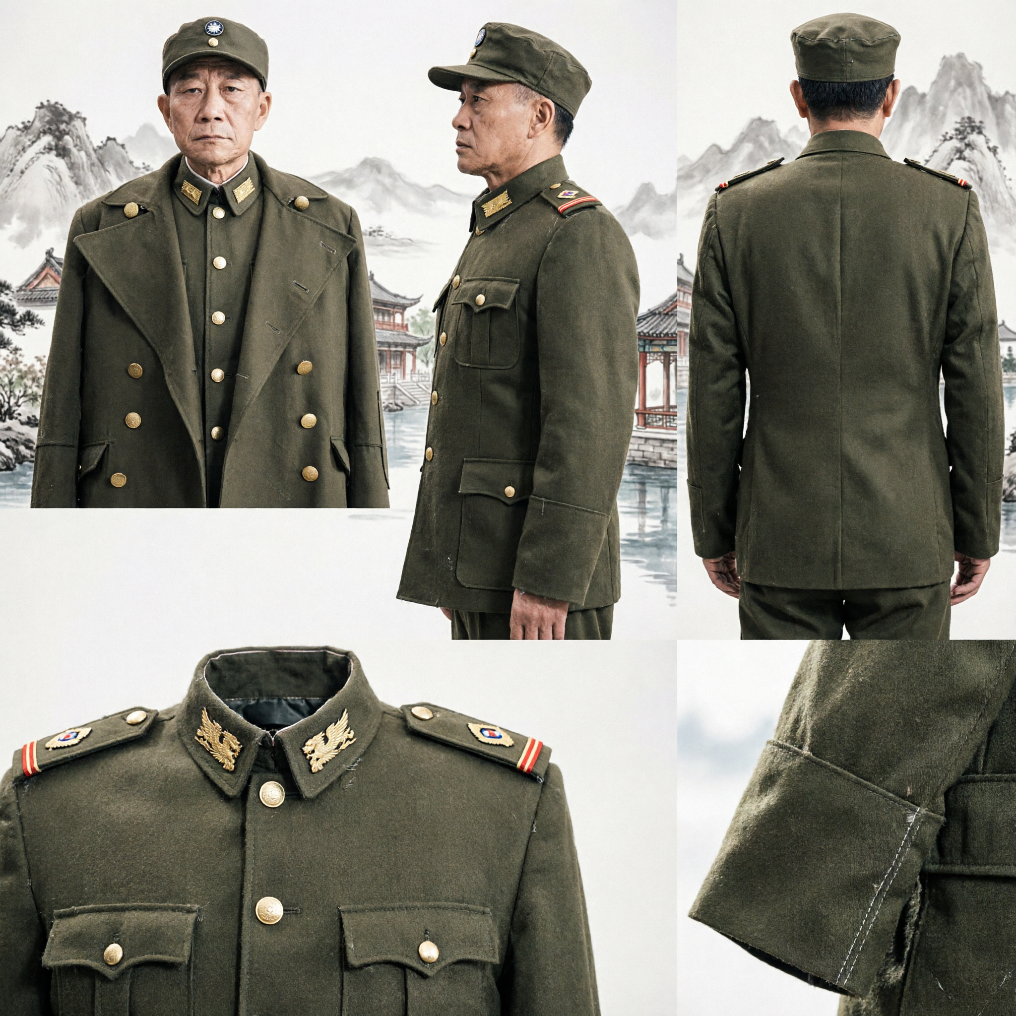 Men's WWII Chinese Nationalist General Military Uniform Costume with Overcoat and Cap for Historical Reenactment - Asian Costume