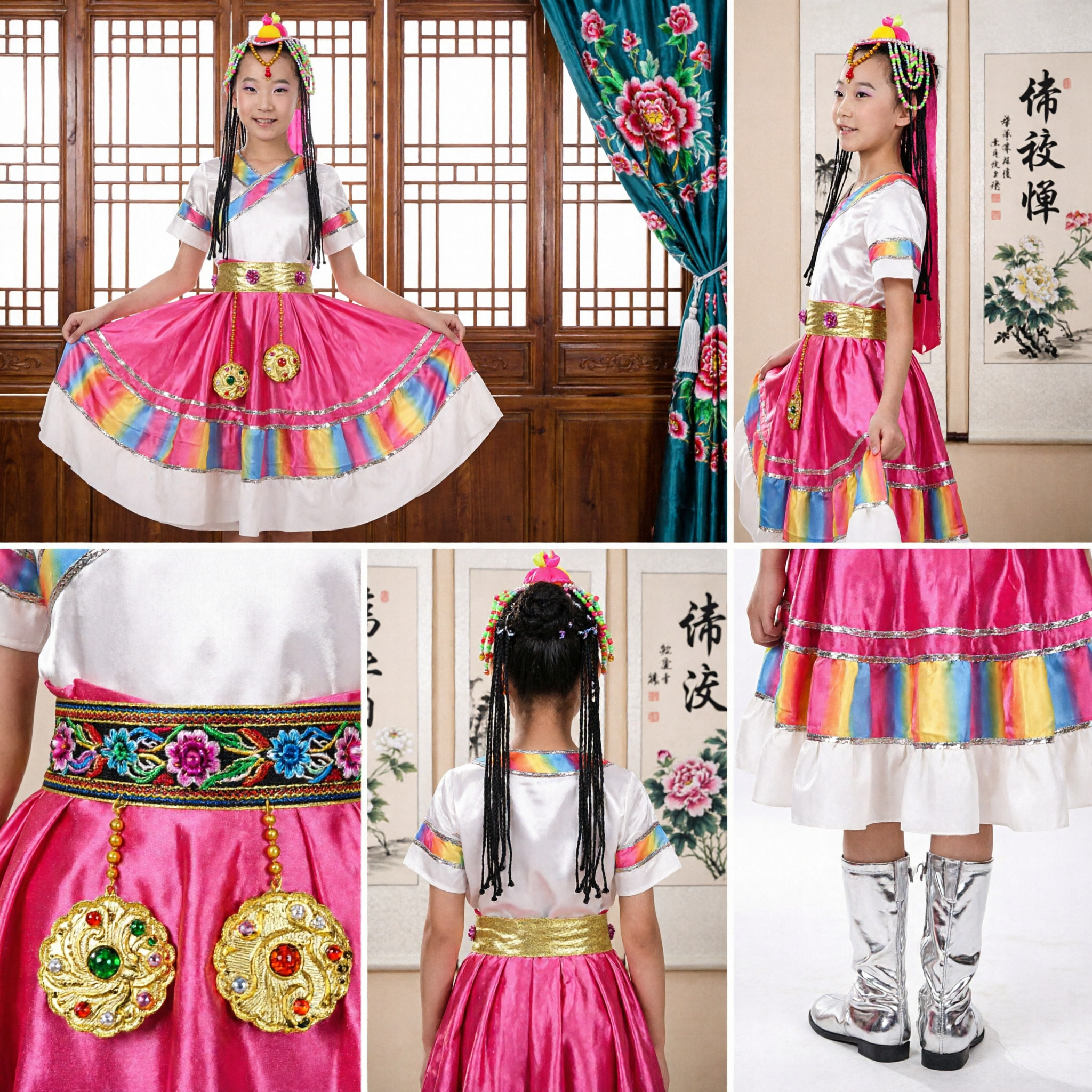 Children Tibetan Ethnic Dance Costume Traditional Folk Dress for Girls Stage Performance Outfit with Accessories - Asian Costume