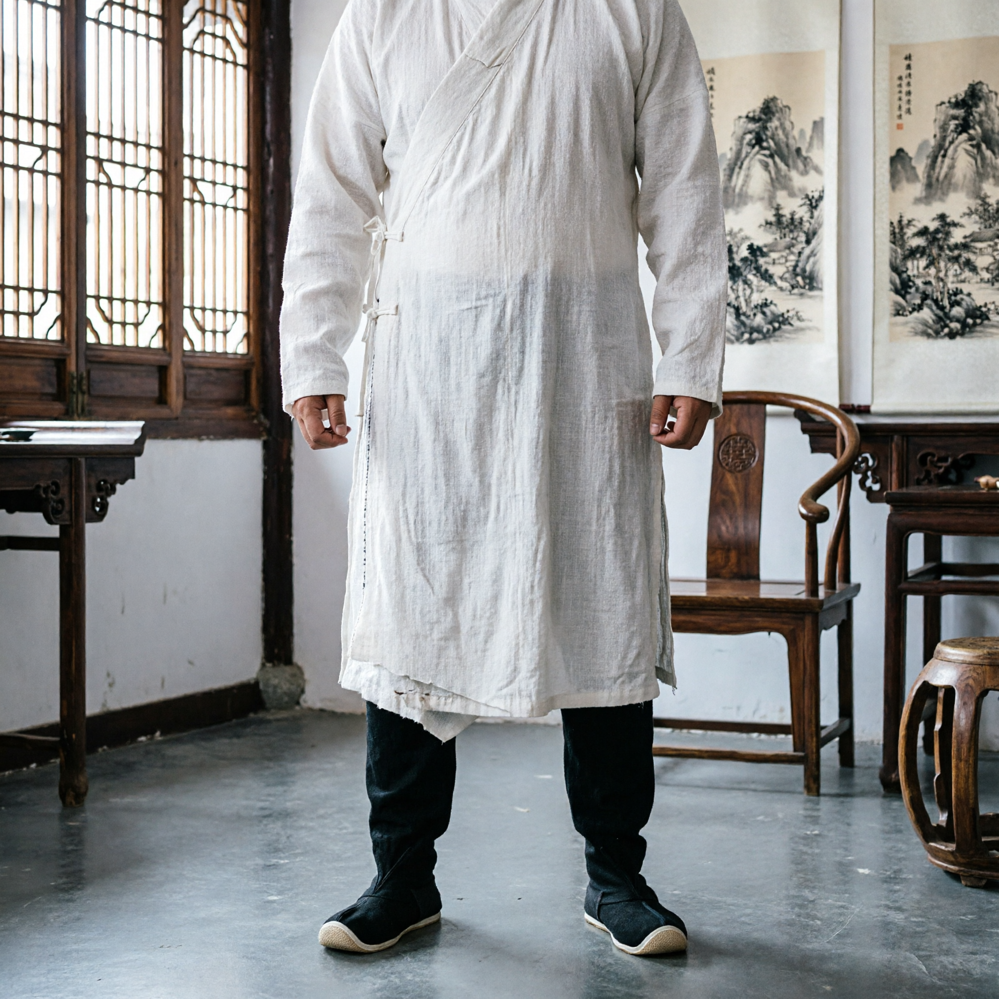 Traditional Chinese Kung Fu Pants Set with Black Leg Wraps and Cloth Shoes for Martial Arts Performance - Asian Costume