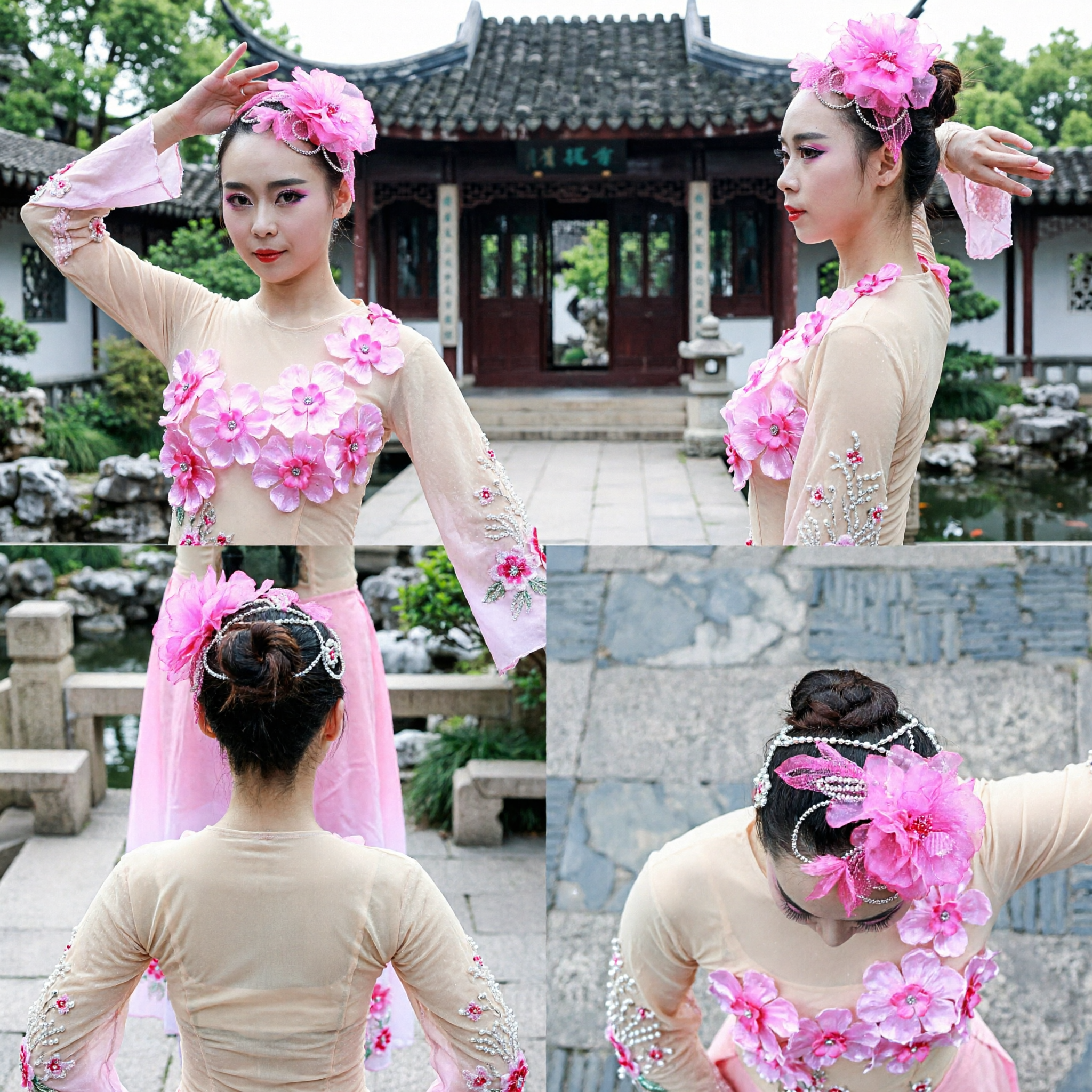 Professional Chinese Classical Dance Headpiece Pink Flower Pearl Hair Accessory Stage Performance Ornament for Women - Asian Costume