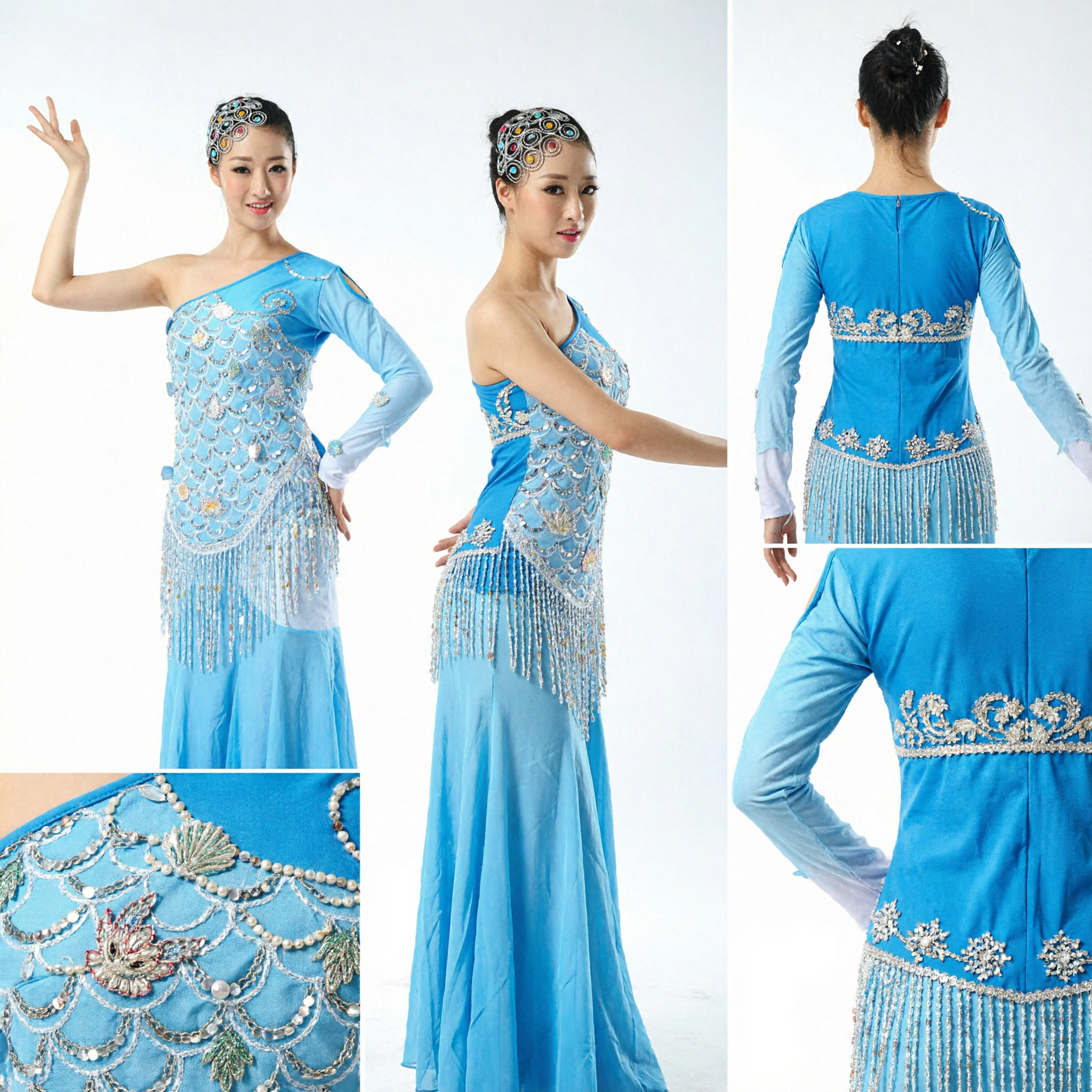 Elegant Women's Blue Chinese Folk Dance Costume with Sequins and Fringe for Stage Performance - Asian Costume