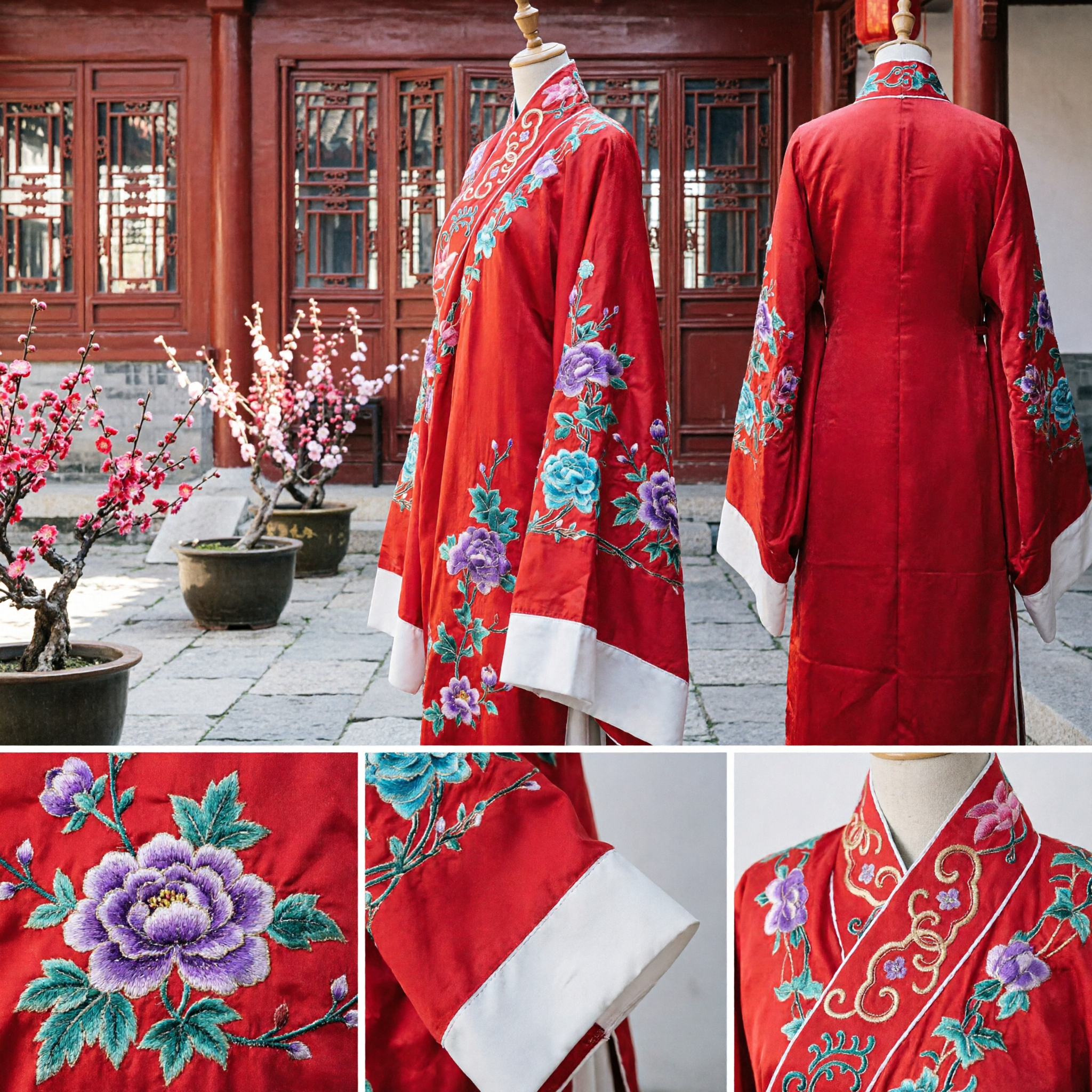 Women's Traditional Chinese Red Hanfu Robe with Peony Embroidery for Weddings and Stage Performance - Asian Costume