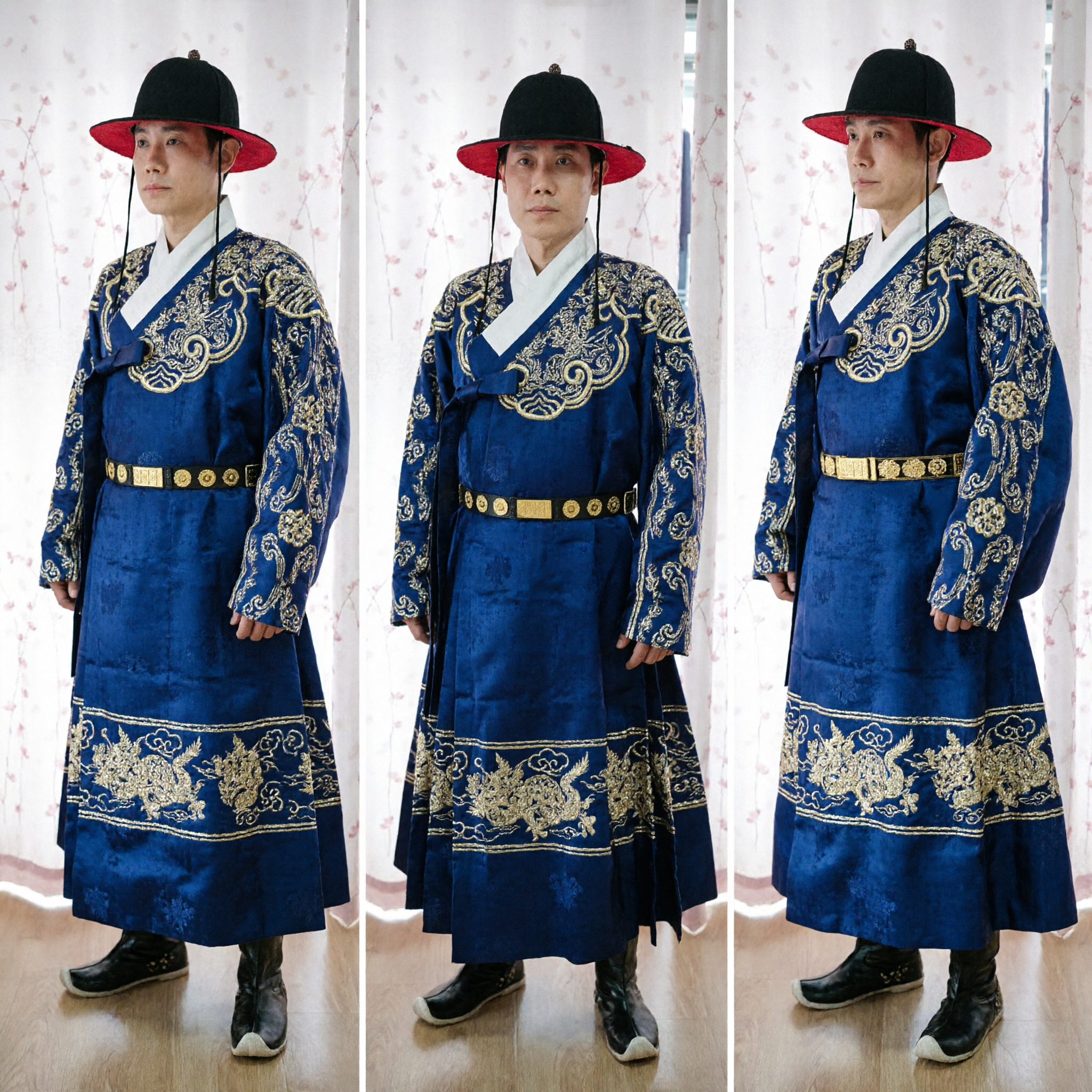 Traditional Korean Hanbok Men's Blue Gwanbok Official Robe with Gold Embroidery Joseon Dynasty Historical Costume - Asian Costume