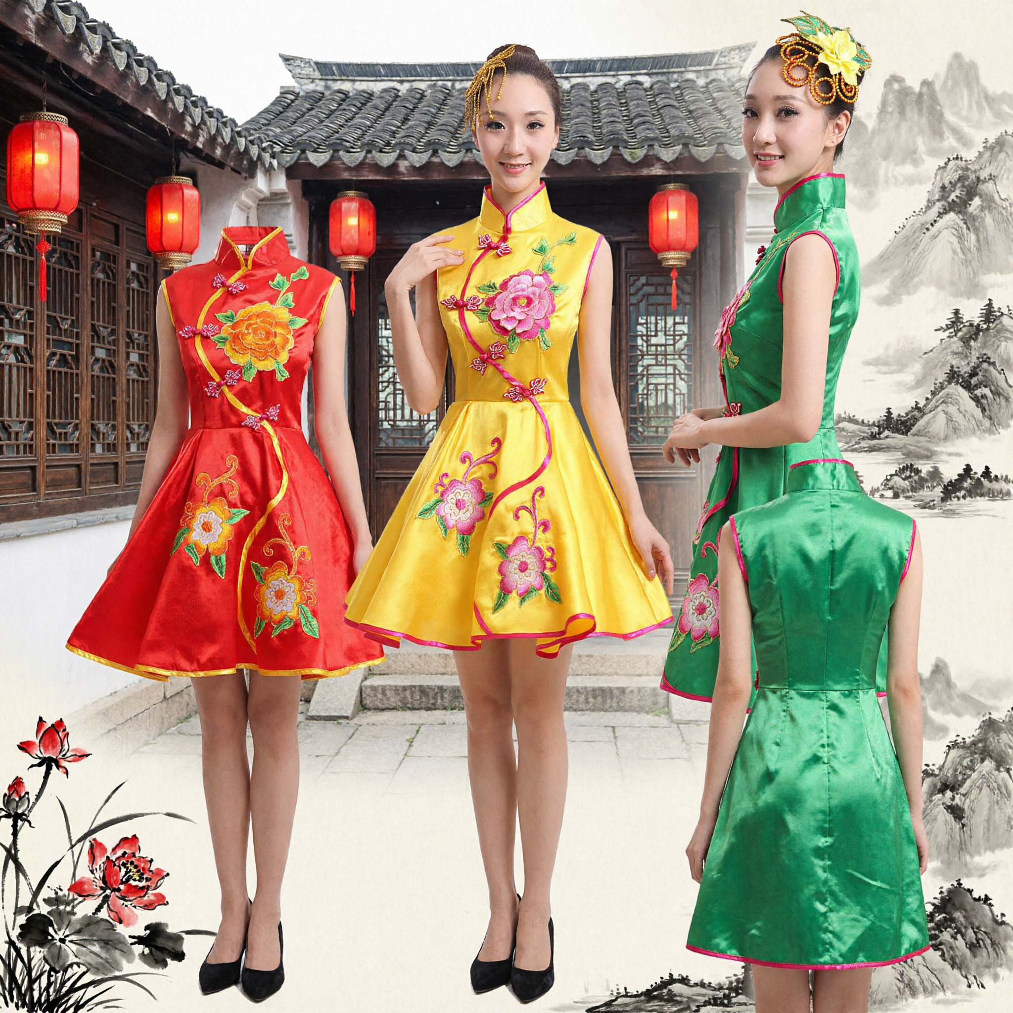 Women's Traditional Chinese Short Cheongsam Qipao Dress Floral Embroidered Fan Dance Performance Stage Costume - Asian Costume
