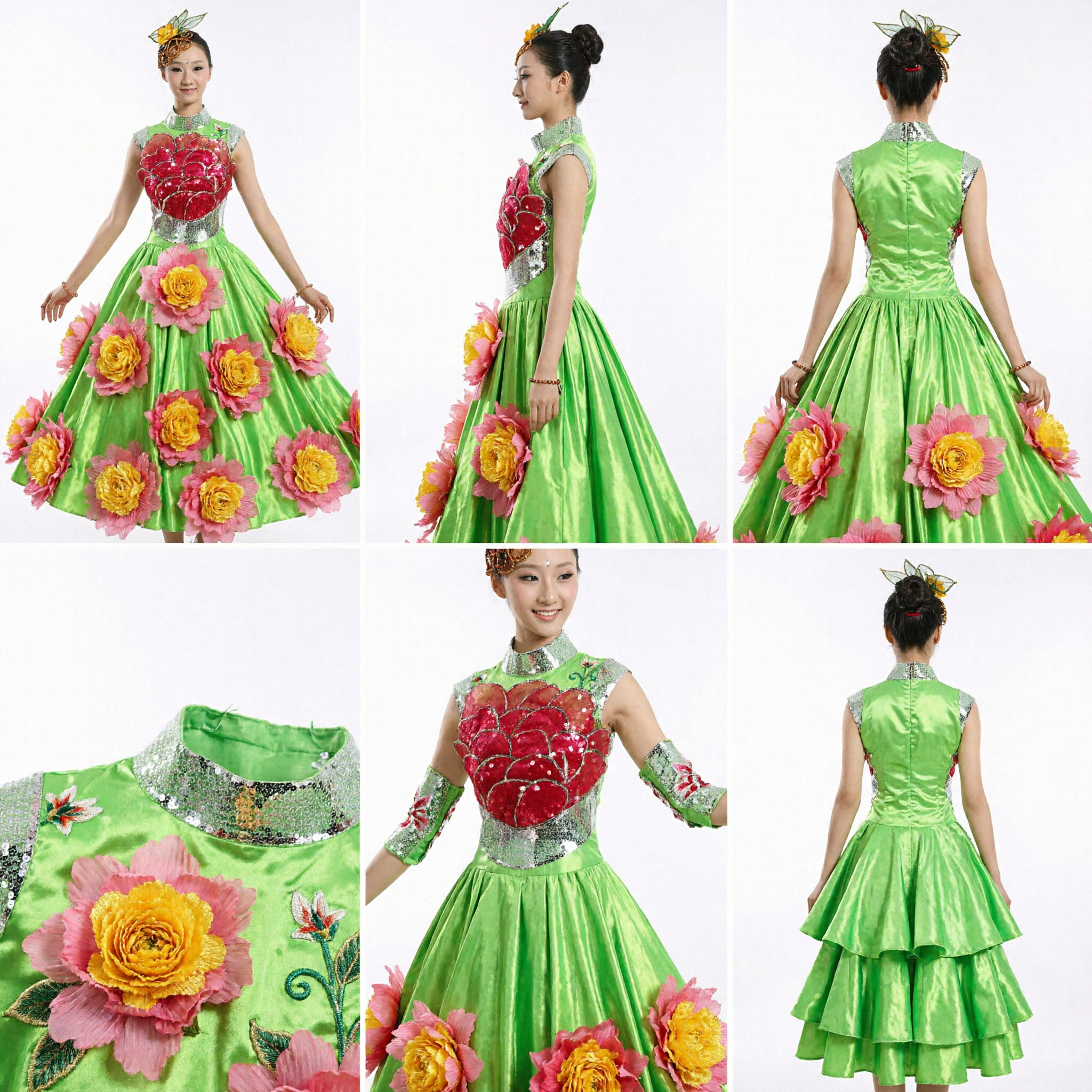 Women's Green Peony Flower Chinese Folk Dance Costume Traditional Stage Performance Dress for Fans - Asian Costume