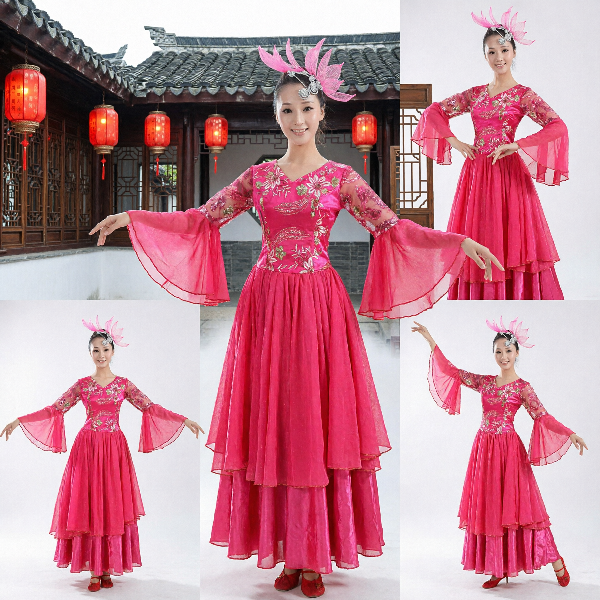 Women's Traditional Chinese Yangge Dance Costume Pink Floral Embroidery Stage Performance Dress with Flowing Sleeves - Asian Costume