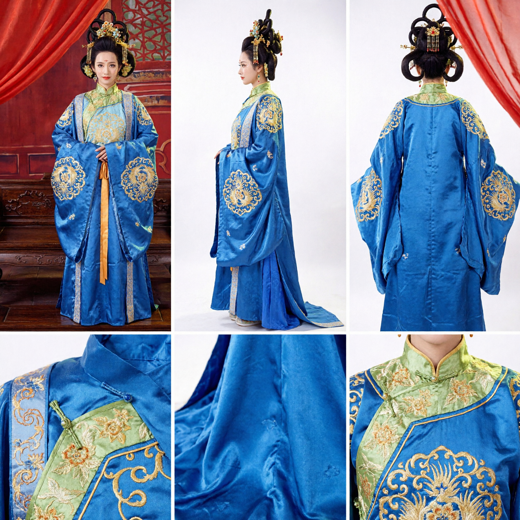 Chinese Ancient Tang Dynasty Blue Embroidered Hanfu Dress Women Princess Palace Cosplay Costume - Asian Costume