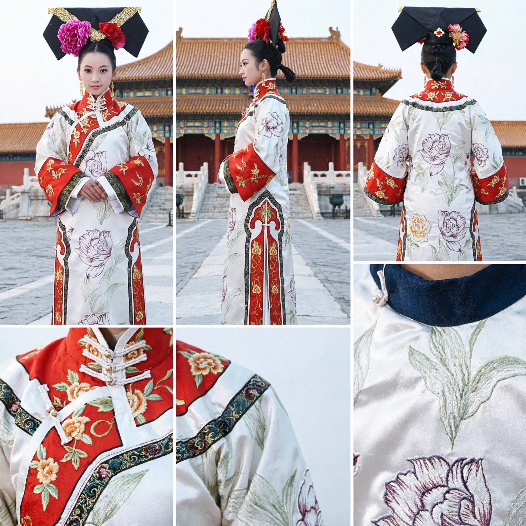 Traditional Chinese Qing Dynasty Manchu Princess Costume White Floral Embroidered Robe with Headdress for Women - Asian Costume