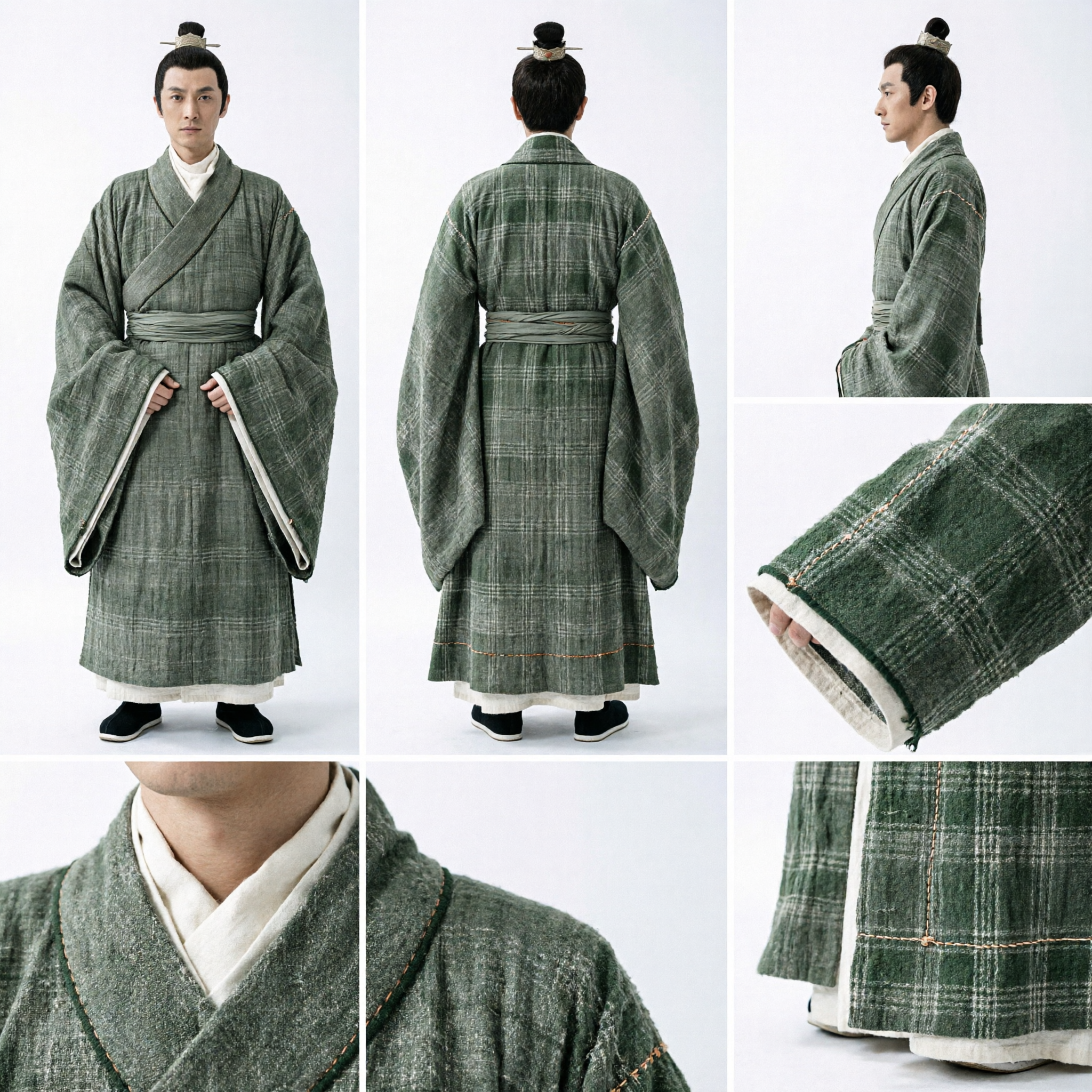 Men's Ancient Chinese Hanfu Green Cross-Collar Robe Traditional Scholar Noble Costume for Historical Cosplay - Asian Costume