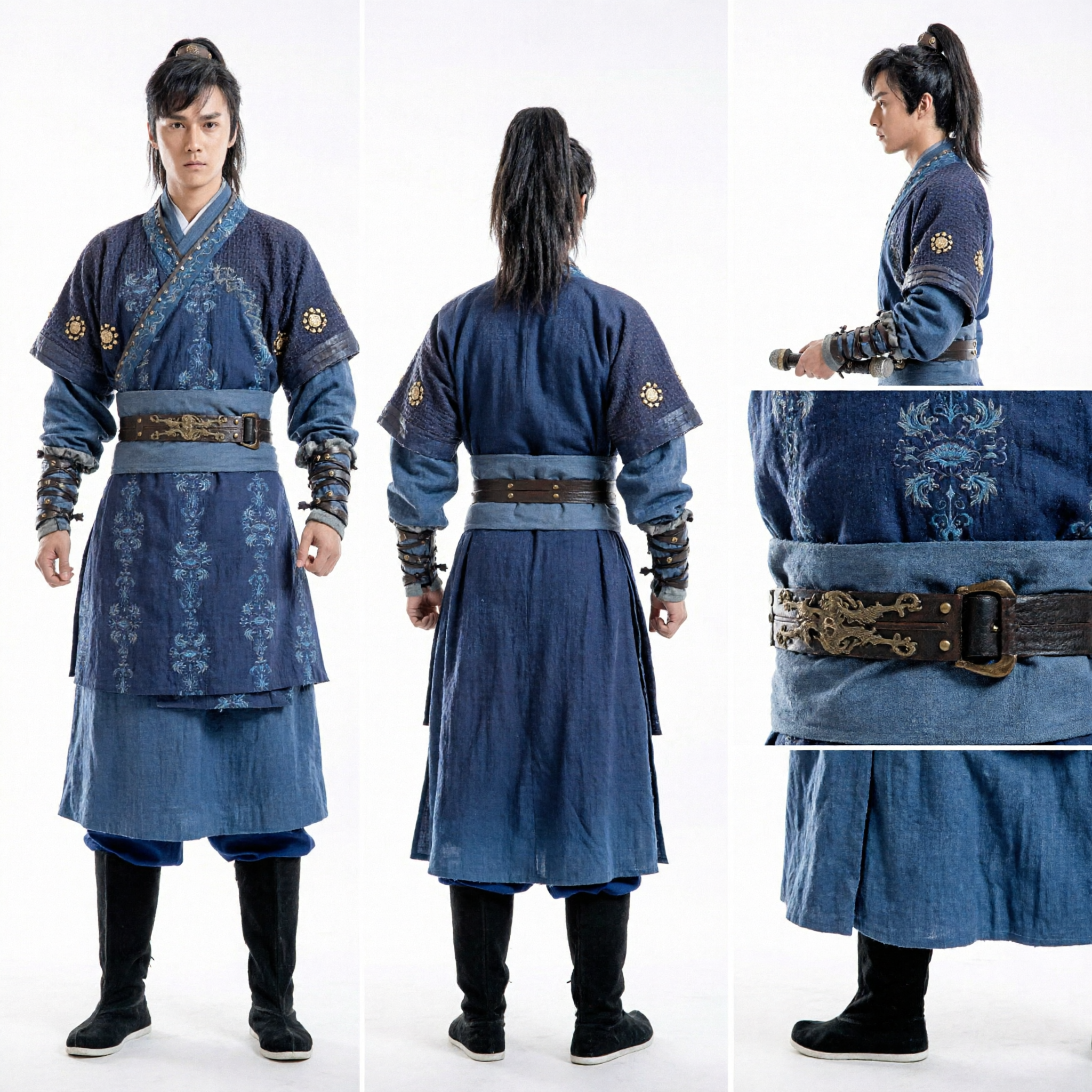 Men's Blue Ancient Chinese Swordsman Costume Traditional Wuxia Knight Hanfu for Martial Arts Cosplay Performance - Asian Costume