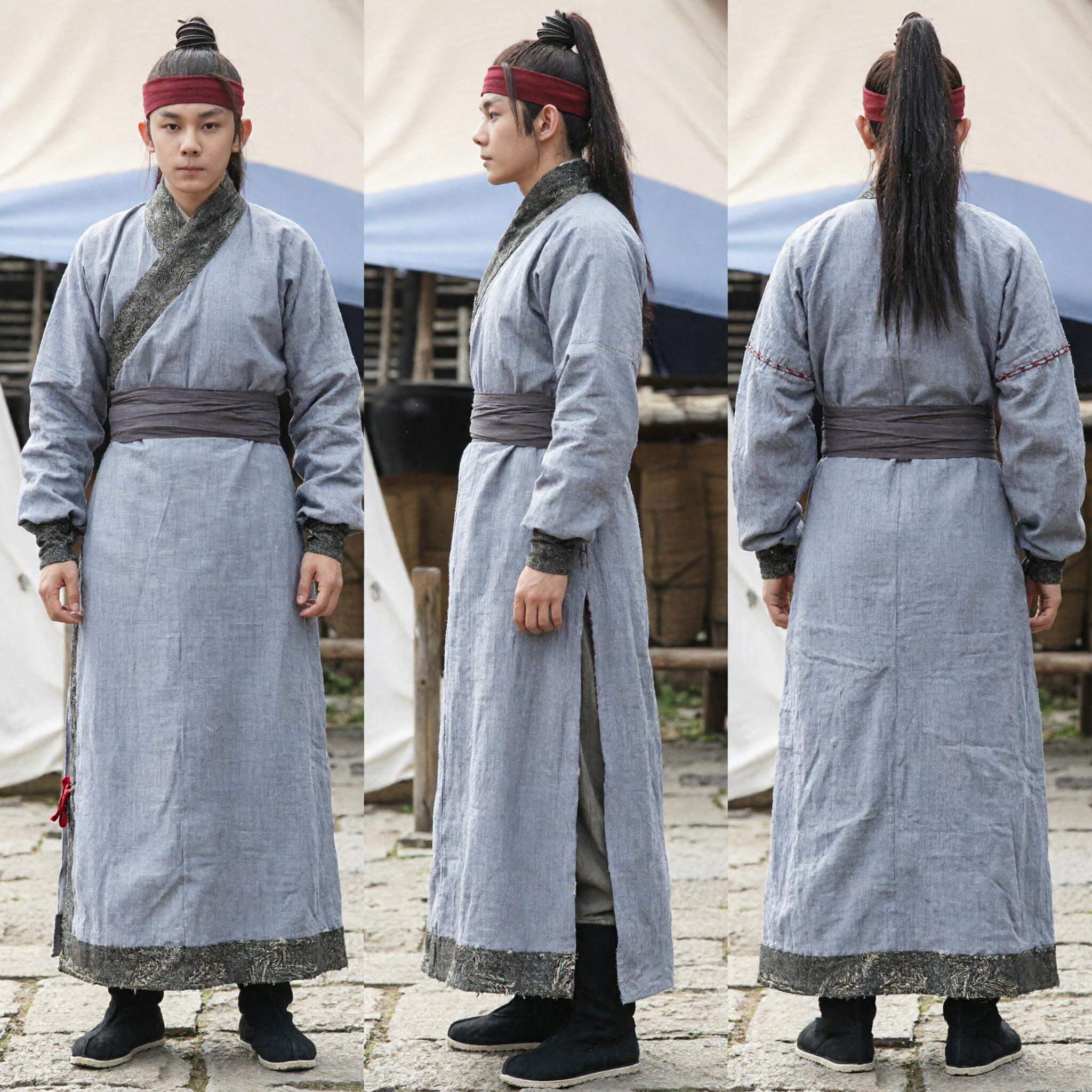 Ancient Chinese Swordsman Costume Blue Linen Robe Set for Men Wuxia Warrior Hanfu Cosplay Outfit - Asian Costume