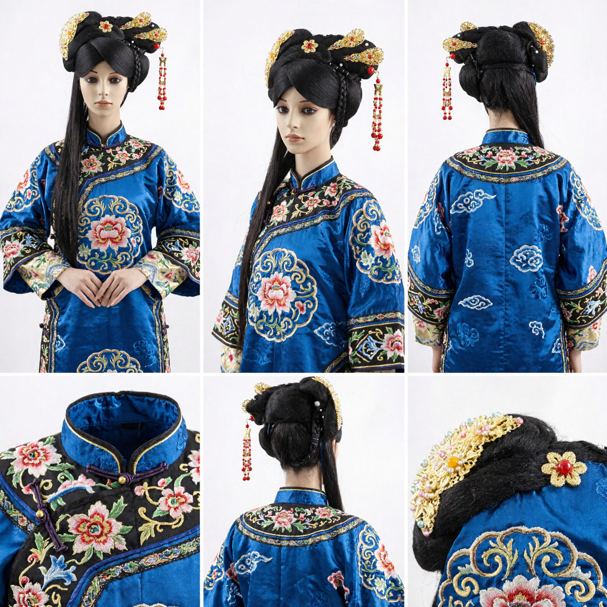 Traditional Chinese Qing Dynasty Princess Wig Set with Gold Floral Hairpins and Red Beaded Tassels for Cosplay - Asian Costume