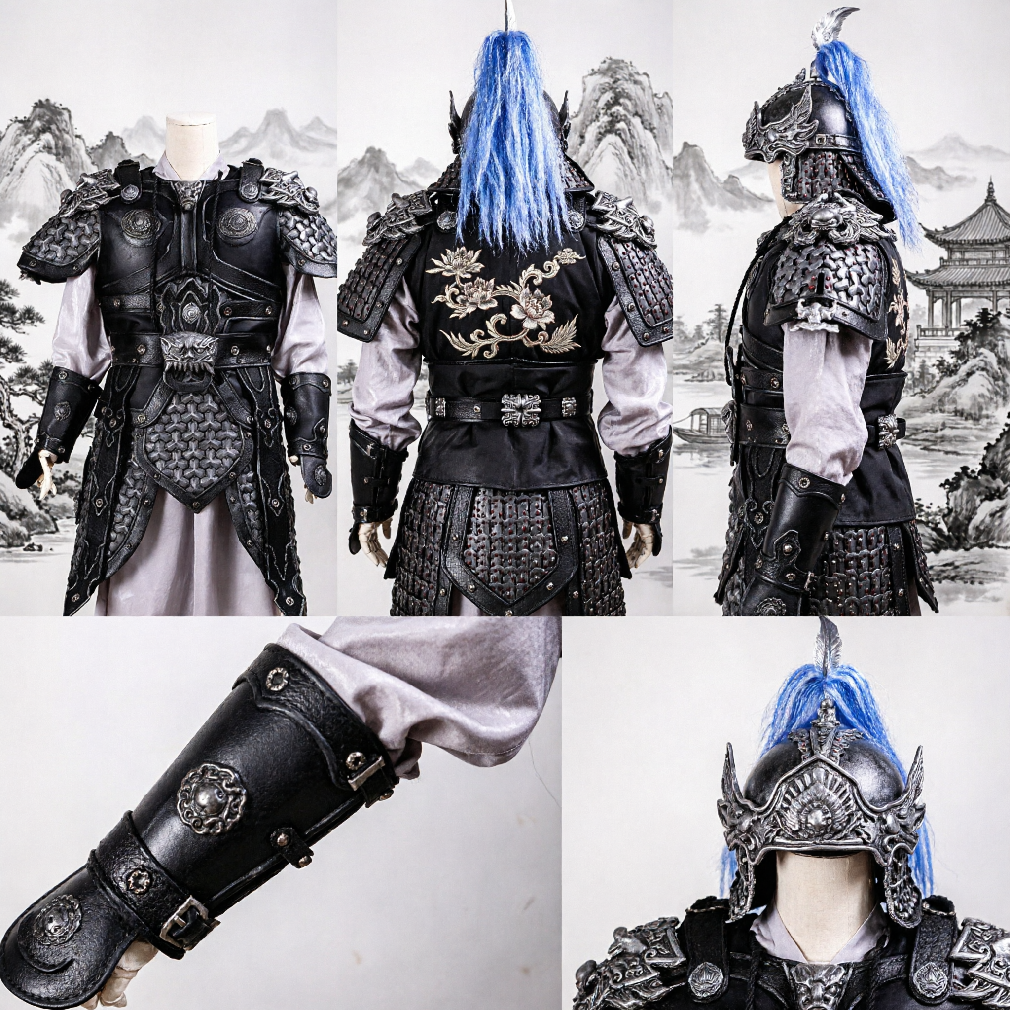 Men's Ancient Chinese General Black Leather Armor Costume Warrior Knight Cosplay Outfit for Stage Performance Halloween - Asian Costume