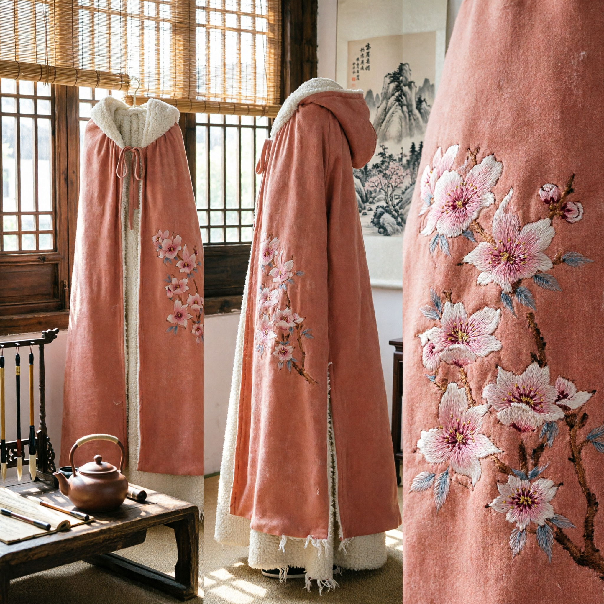 Pink Velvet Hanfu Winter Cloak Traditional Chinese Embroidered Floral Hooded Cape Thick Fleece Lined for Women - Asian Costume