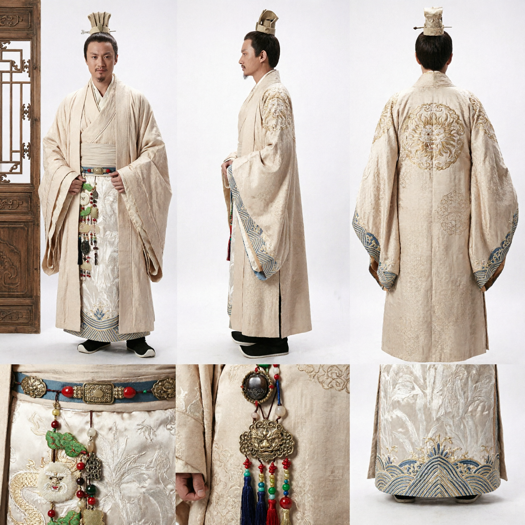 Men's Ancient Chinese Hanfu Scholar Costume Traditional Cream Robe for Historical Cosplay and Drama - Asian Costume