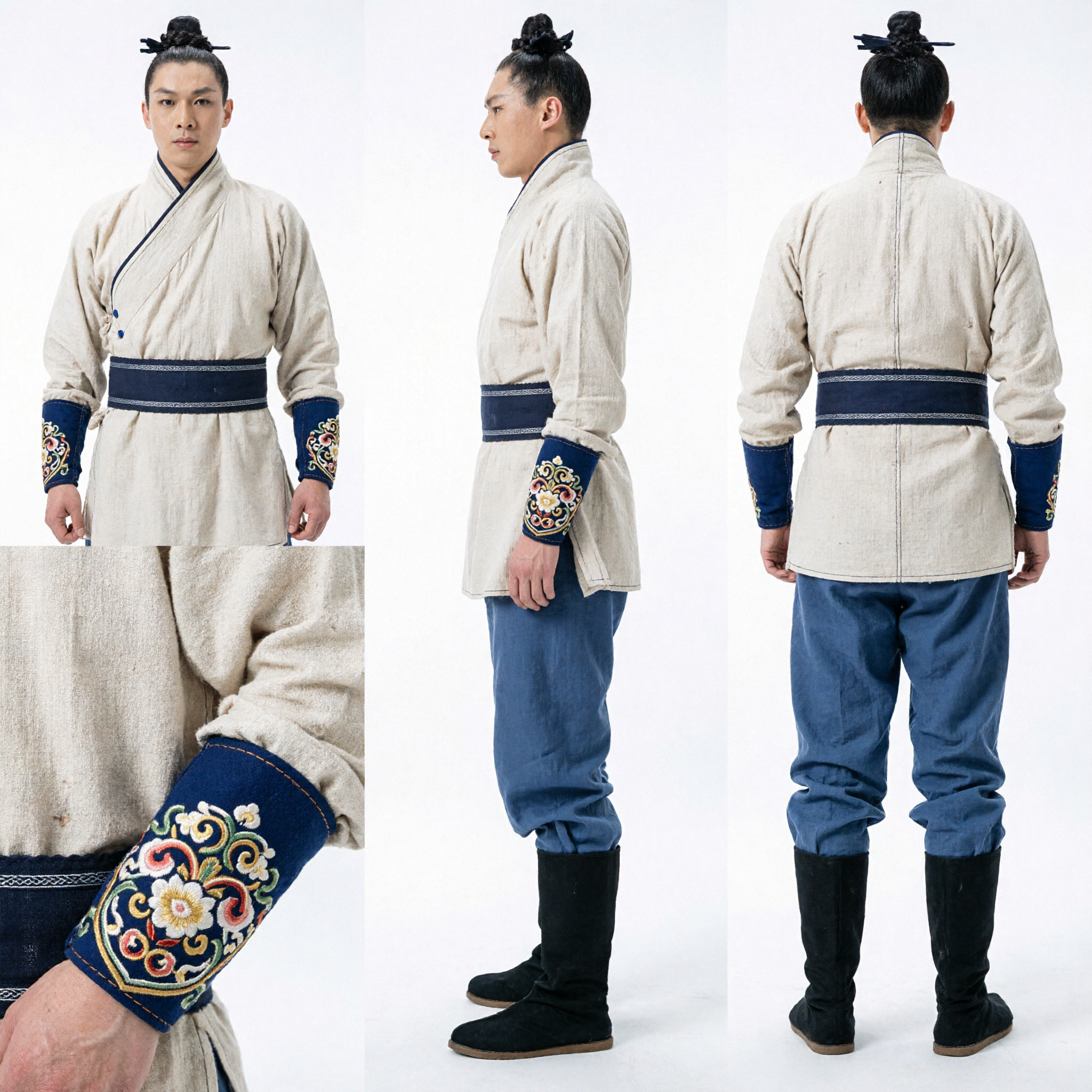 Men's Traditional Chinese Ancient Scholar Hanfu Costume Beige Robe for Historical Stage Play and Cosplay - Asian Costume