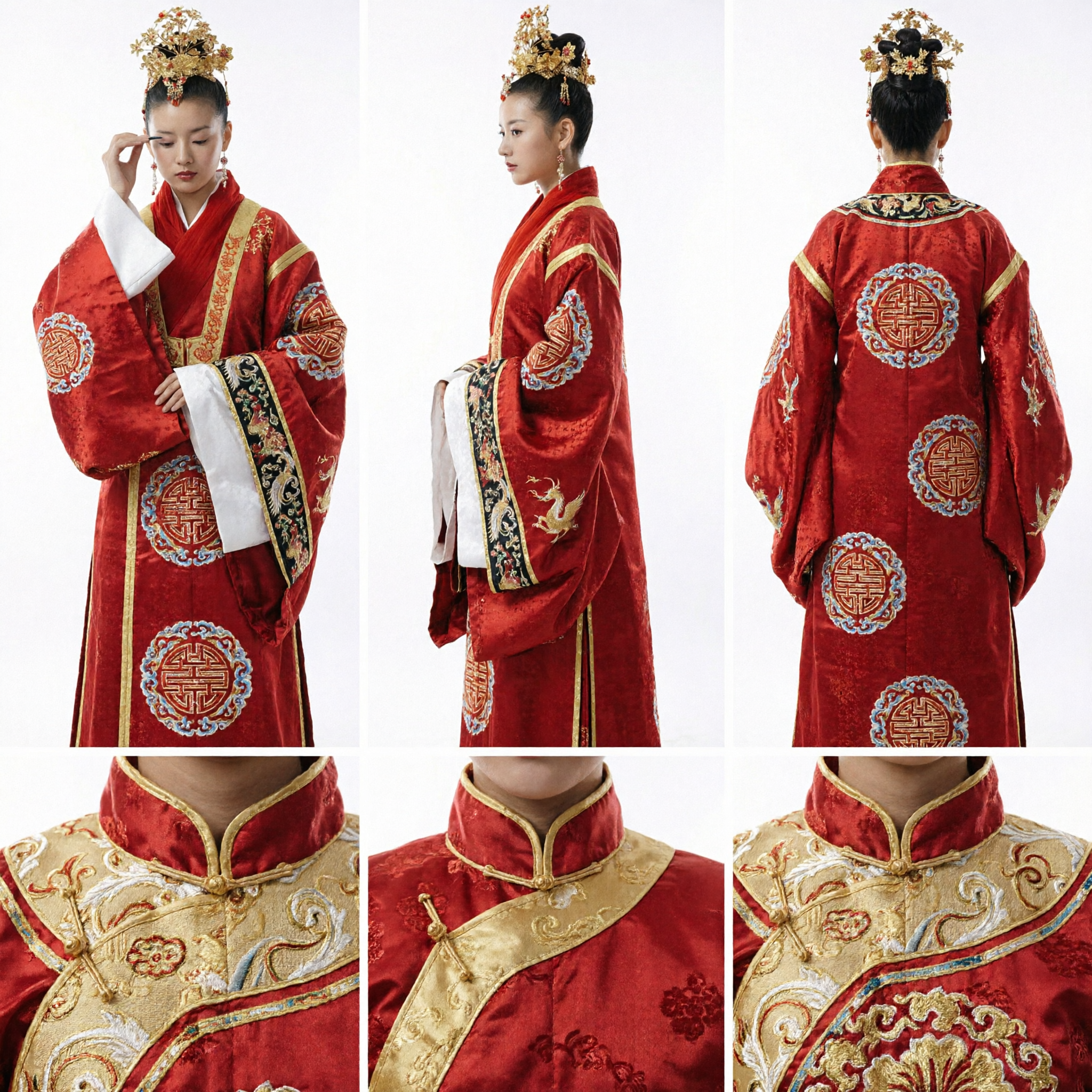 Traditional Chinese Wedding Hanfu Red Robe with Elaborate Gold Phoenix Crown Headdress for Women Cosplay - Asian Costume