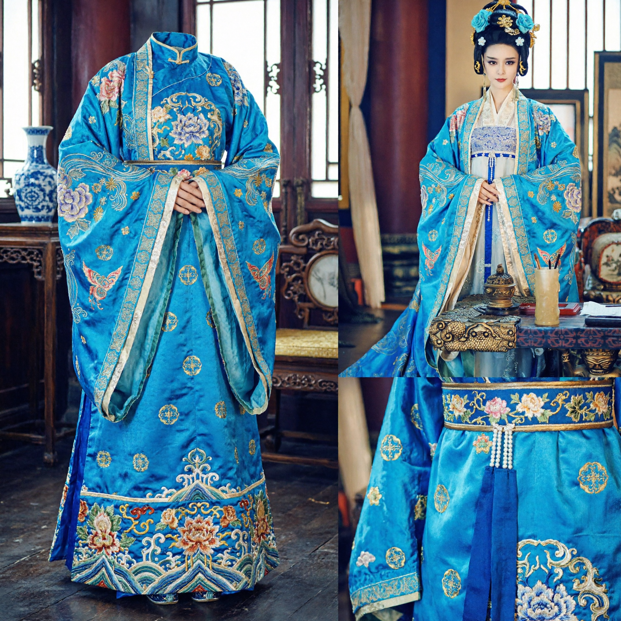 Women's Ancient Chinese Tang Dynasty Palace Lady Hanfu Costume Blue Floral Embroidery Traditional Dress for Performance - Asian Costume