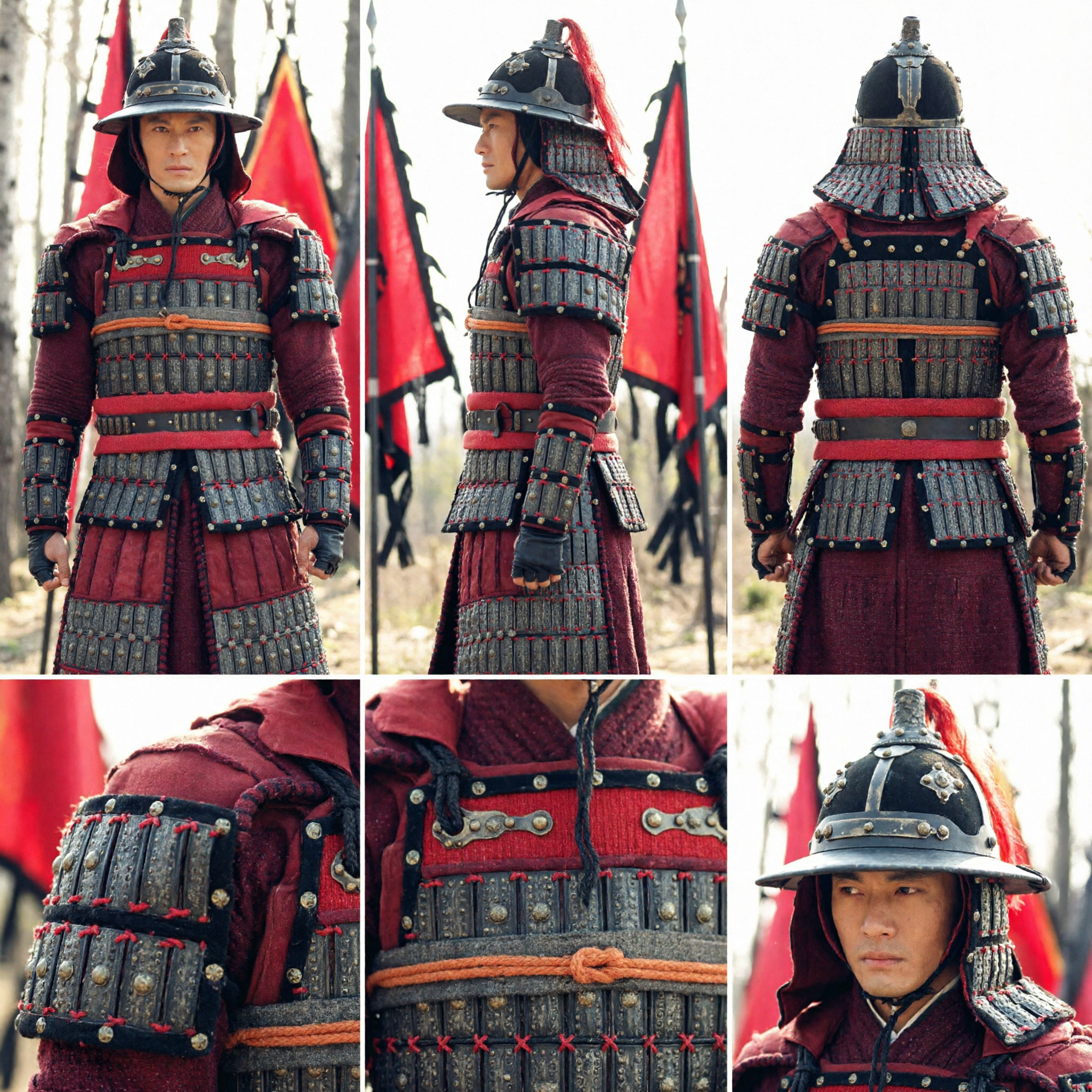 Men's Chinese Ancient General Armor Costume Song Dynasty Military Warrior Outfit Red Black Lamellar Suit for Cosplay - Asian Costume