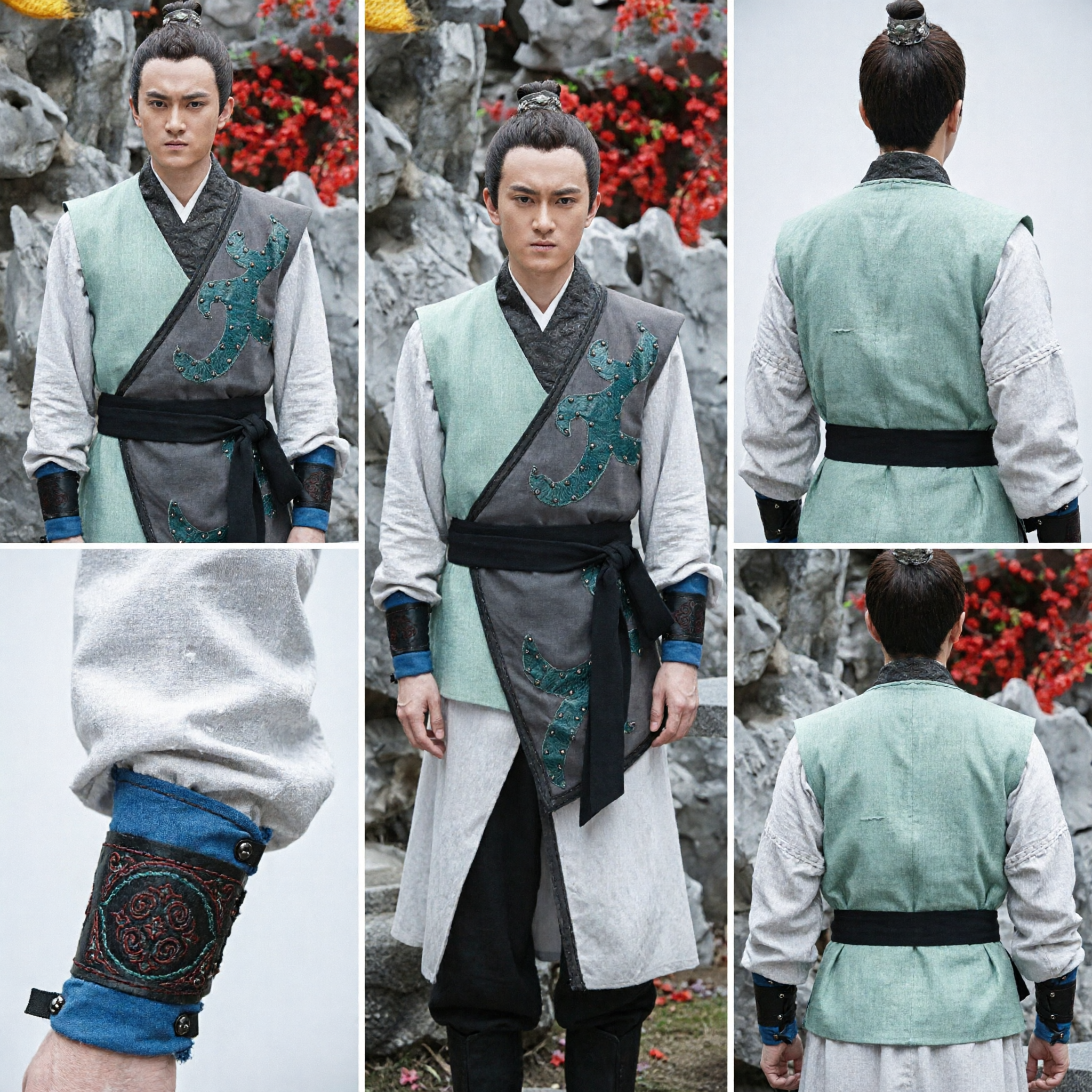 Traditional Chinese Men's Hanfu Grey Cross-Collar Robe with Teal Embroidery for Scholars and Martial Arts Cosplay - Asian Costume